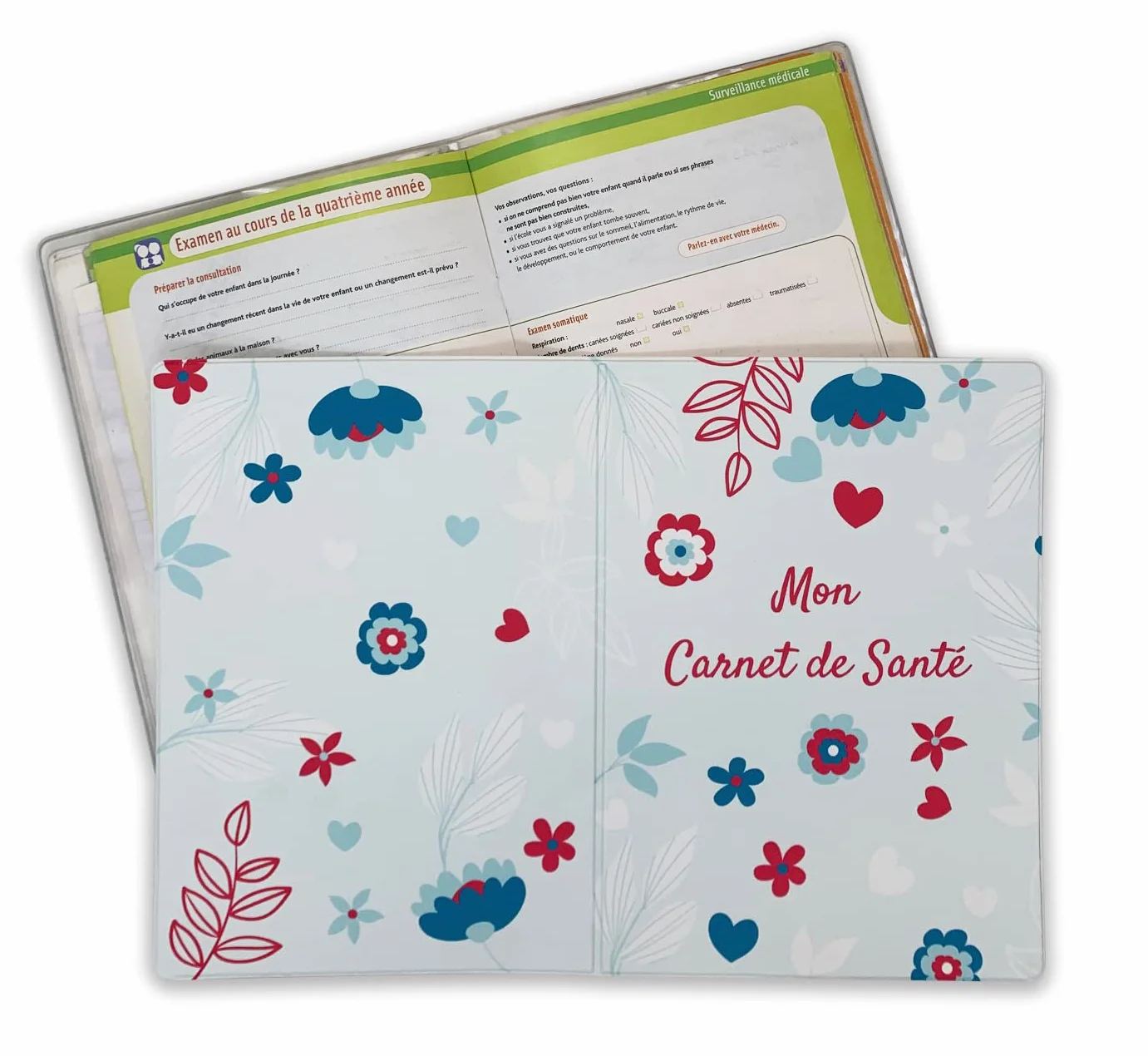 Protège Carnet de Santé Enfant en Gomme Expansée Fabriqué en France Étui Carnet Bébé Fille ou Garçon Format Maternité Standard Modèle Petites Fleurs Bleues