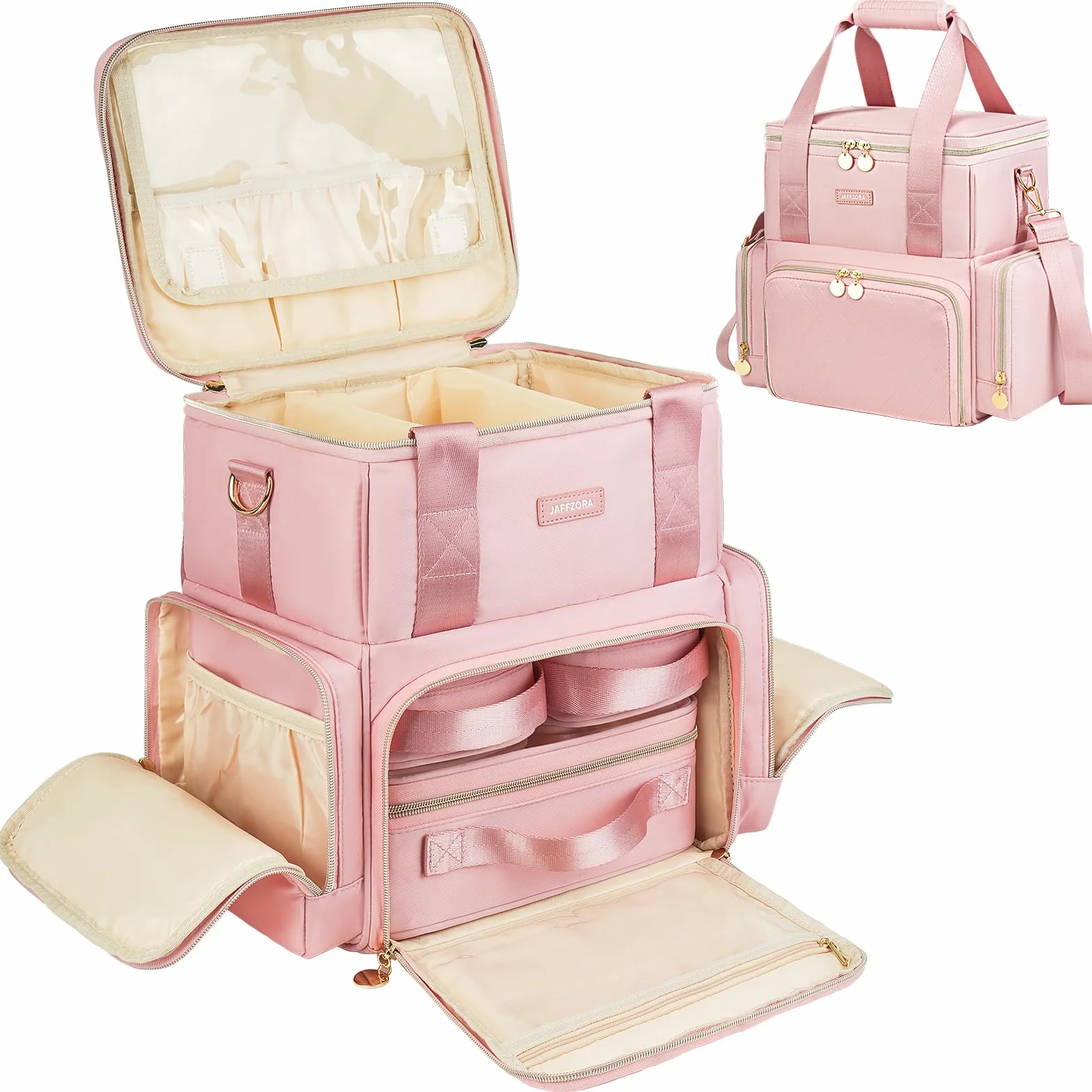 Trousse de Maquillage Extra Large avec 3 Étuis Amovibles, Malette de Voyage Double Couche, Rose