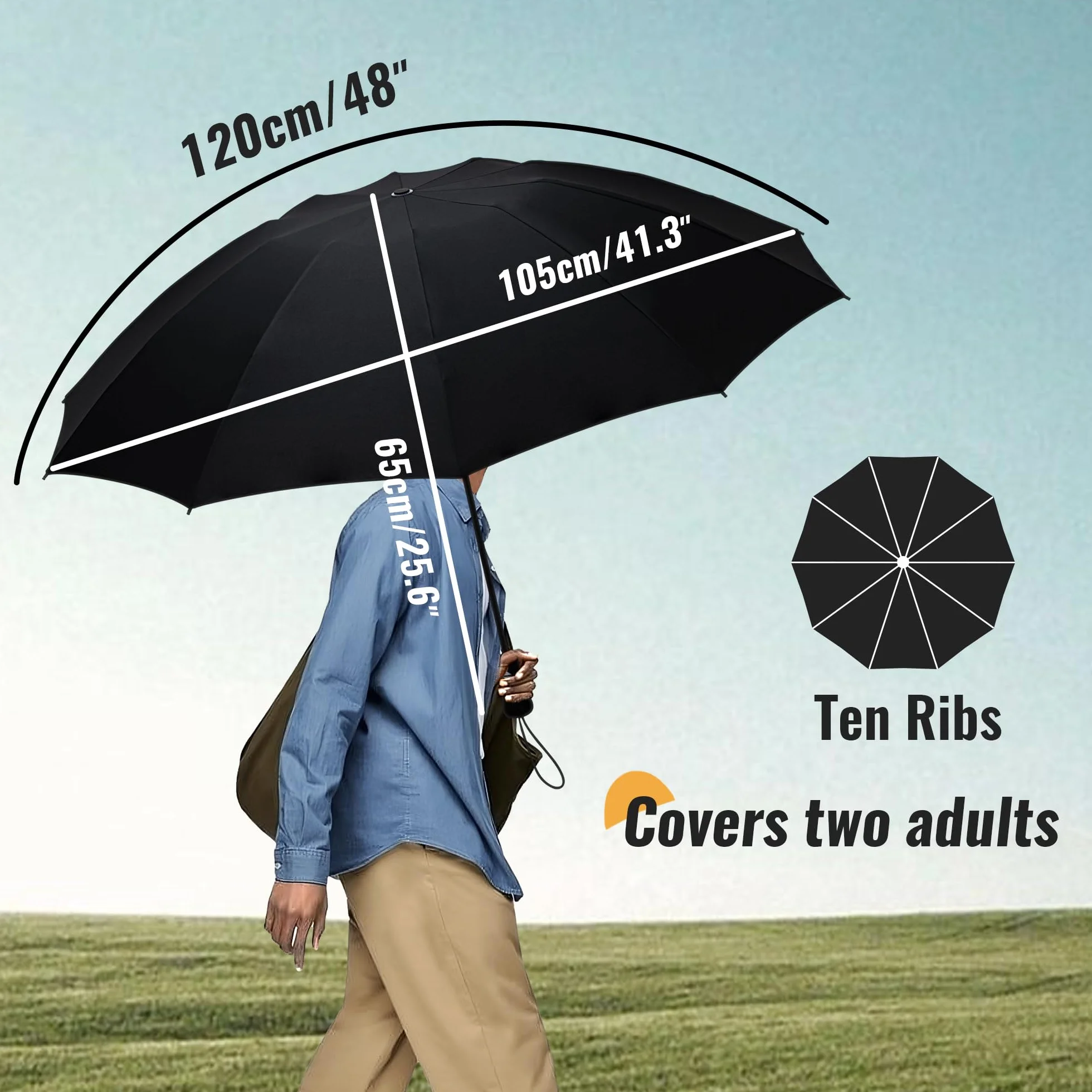 Parapluie Pliant Inversé Compact Automatique Homme Résistant Vent Noir Voyage 210T 105 cm 10 Sections