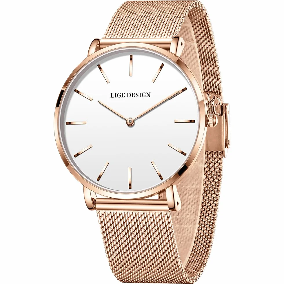 LIGE Montre Femme Ultra-Plate Acier Inoxydable Étanche Grand Cadran Analogique Quartz