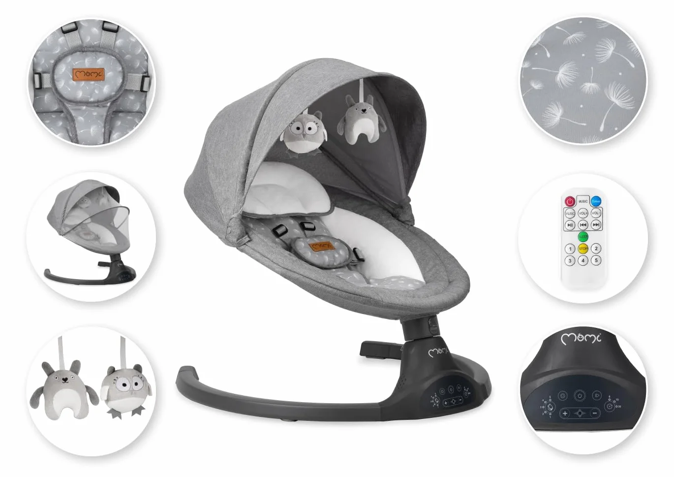 MoMi KENANI Transat balancelle pliable 9 kg télécommande Bluetooth harnais 5 points pare-soleil moustiquaire