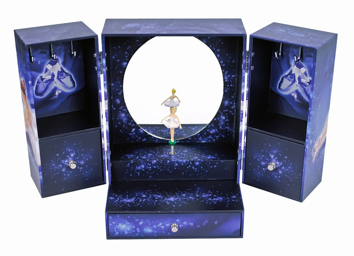 TROUSSELIER Grande Boîte à Musique Danseuse Étoile Ballerine Coffret Bijoux Fille Bleu Marine