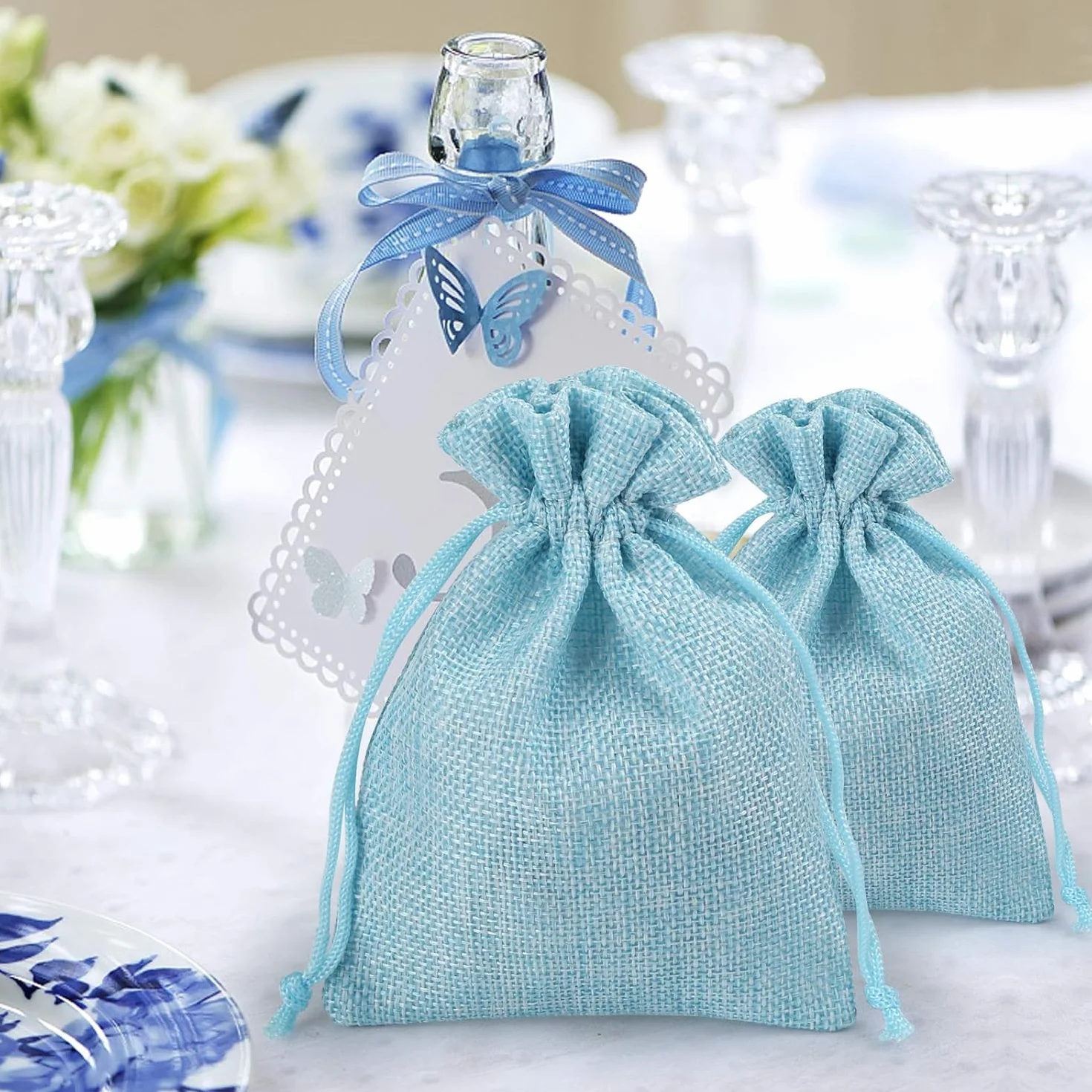 Sacs en Jute à Confettis MEISO 30 Pièces avec Ruban de Satin pour Mariage (Bleu)