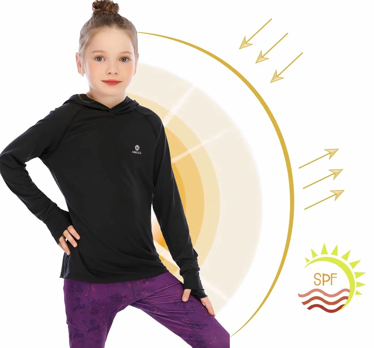 Chemise à capuche à manches longues pour filles avec trou pouce - Haut UV course enfants UPF - Sweat léger sport actif yoga danse