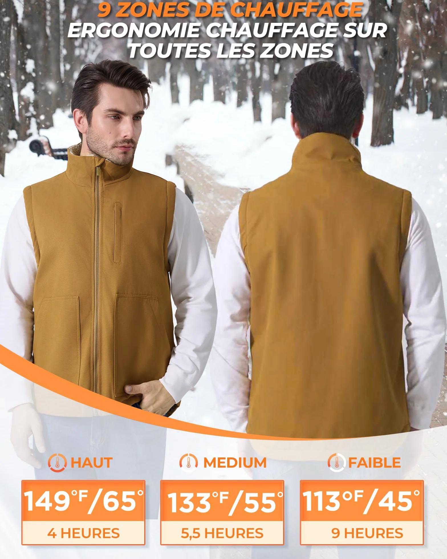 Gilet Chauffant Homme 16000mAh 7,4V 9 Zones 3 Températures Veste Polaire Coupe-Vent