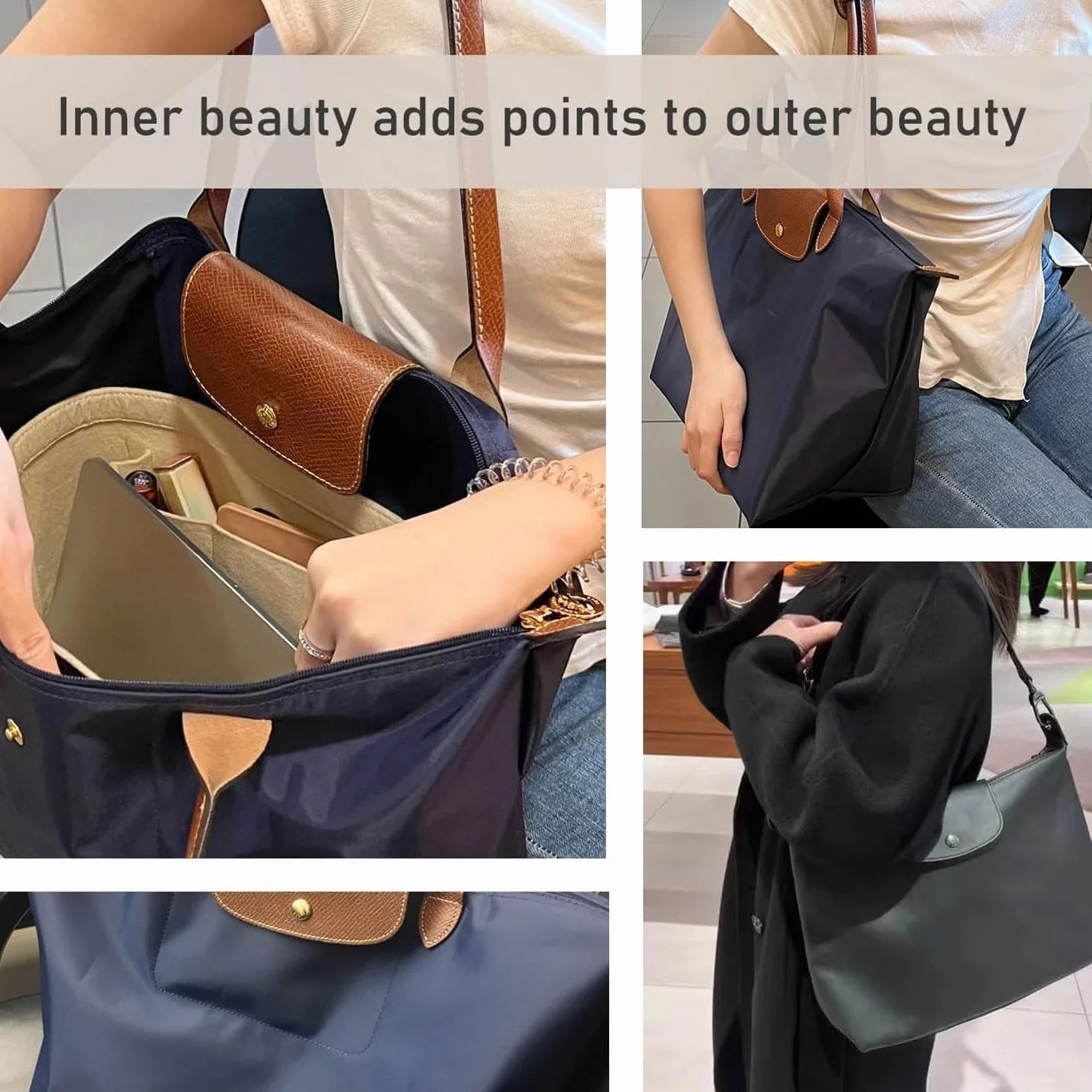 YeahBoom Organisateur de Sac pour Longchamp L, en Feutre avec Plusieurs Poches
