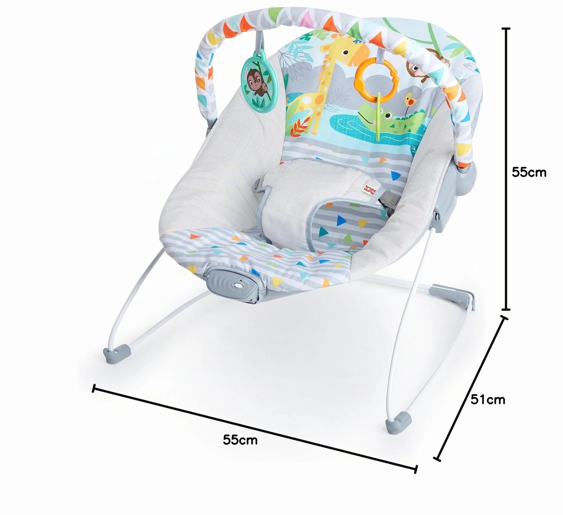Bright Starts Transat Bébé Vibrations Apaisantes Barre de Jouets Amovible Pieds Antidérapants 0-6 Mois 9 kg Safari Fun