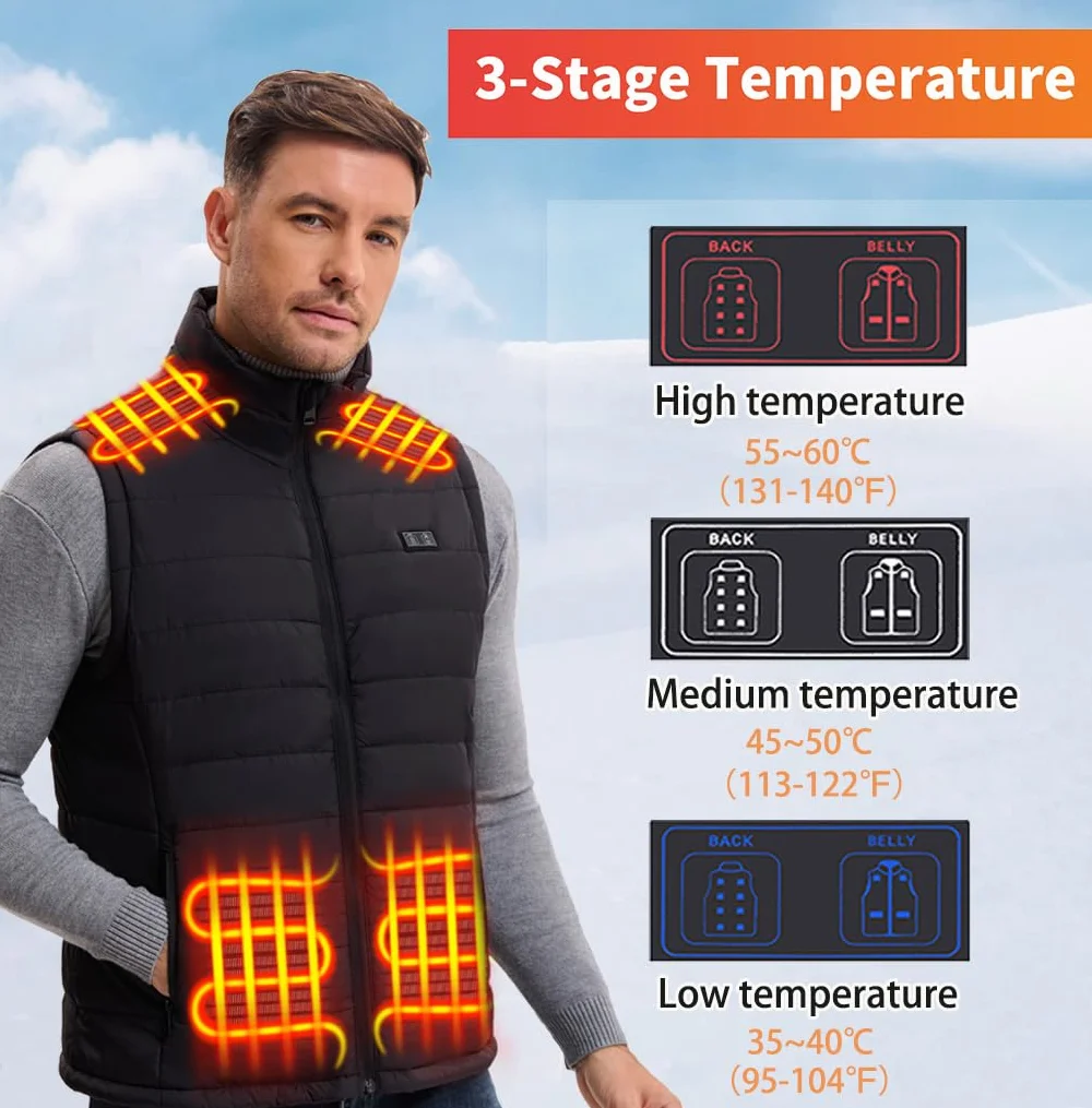 Gilet Chauffant Électrique Homme Sans Manche 13 Zones 3 Modes Batterie Incluse
