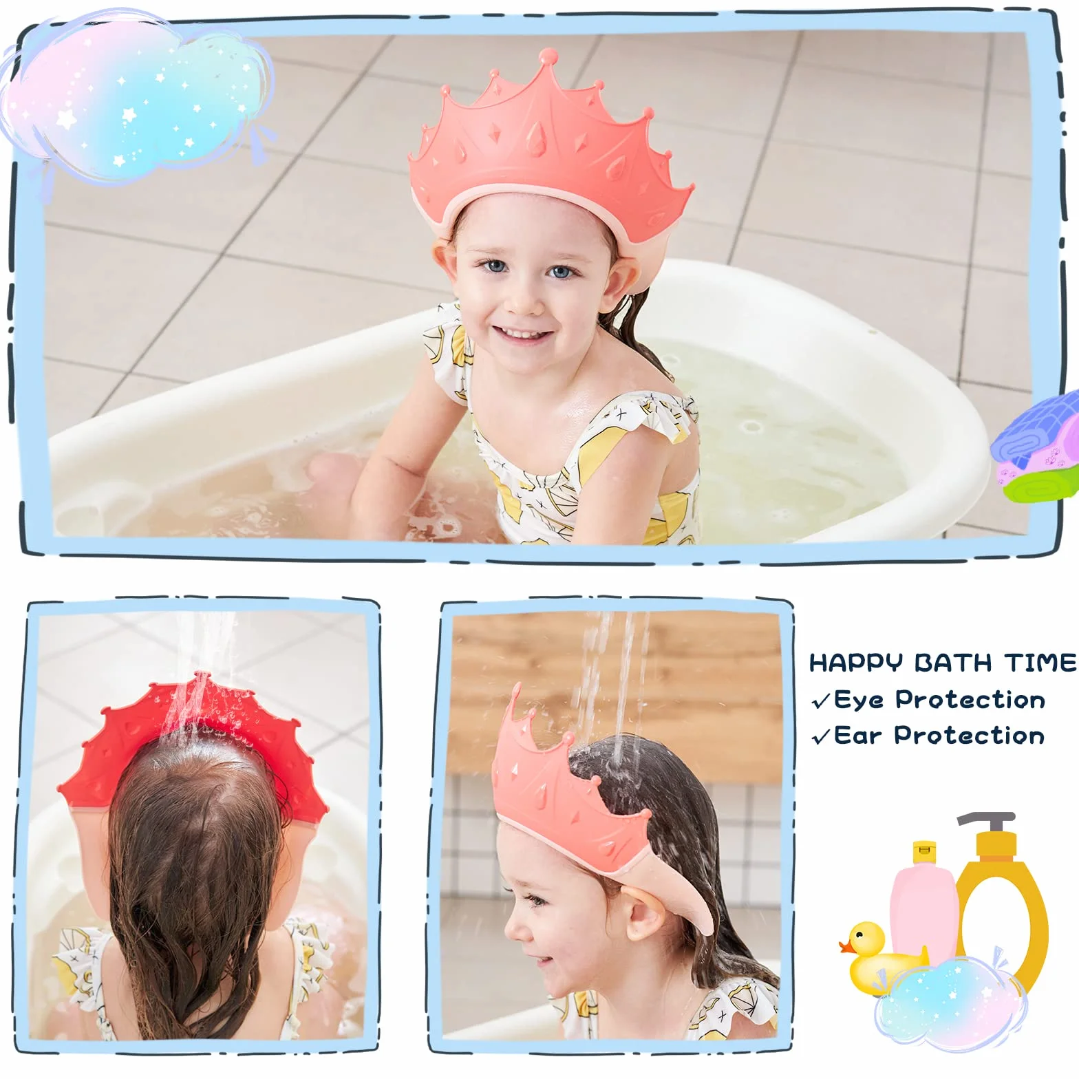 Bonnet de douche réglable enfant bébé protection shampooing lavage cheveux sans larmes 0-9 ans couronne rouge