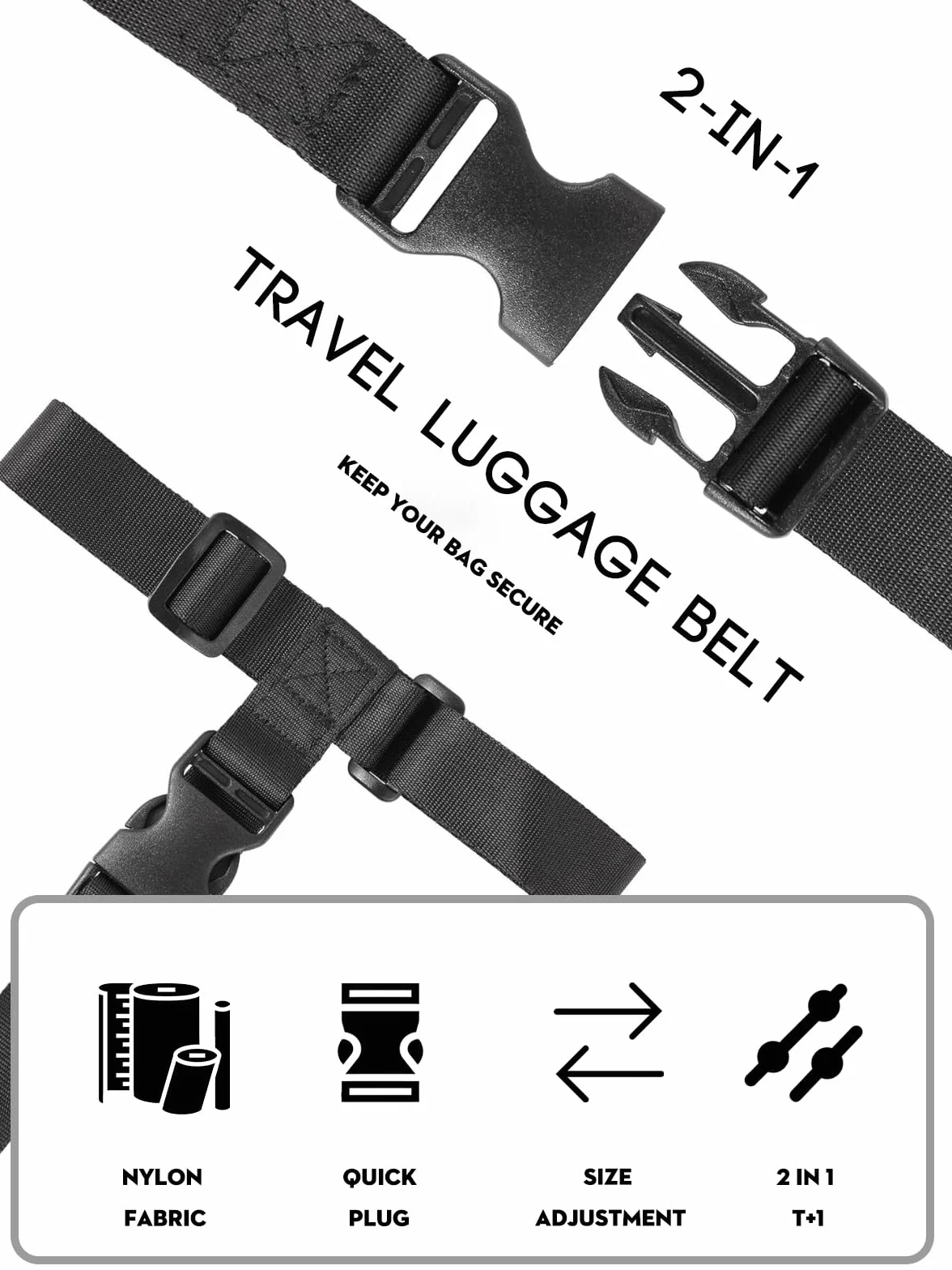 Sangles de Voyage pour Relier 3 Valises, 2 Pièces Noires, 3,2 cm, Accessoires de Sac Réglables avec Boucles