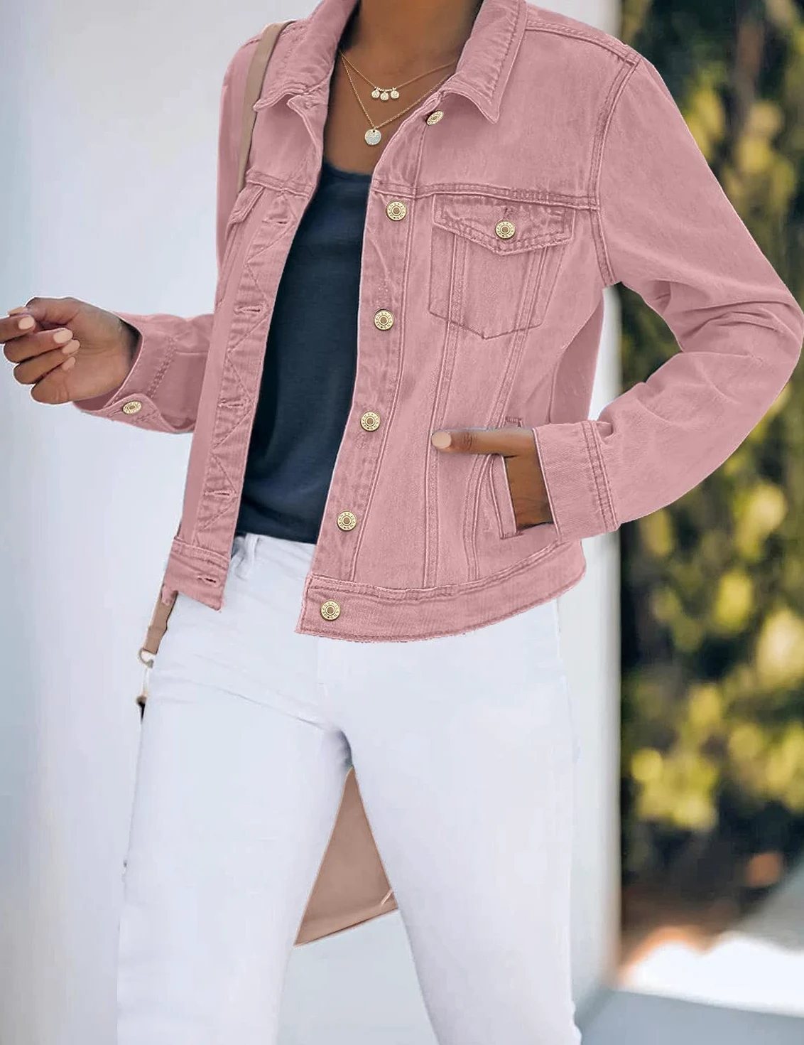 Roskiky Veste en jean, extensible, style camionneur, à manches longues, avec poche, pour femme
