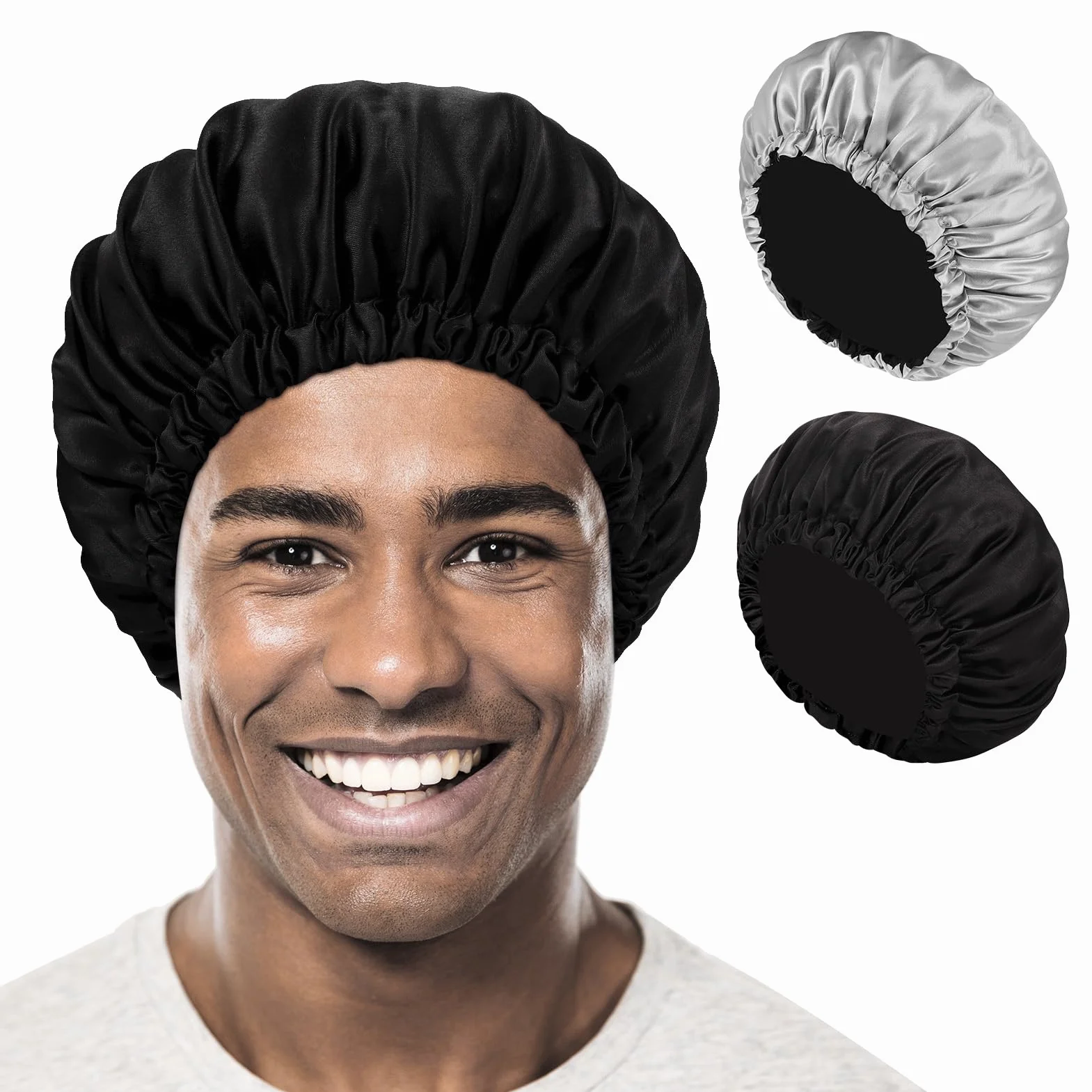 Bonnet en Satin pour Cheveux Nuit Homme Femme Respirant Ajustable Élastique Antidérapant, Bleu + Argent/Noir + Gris