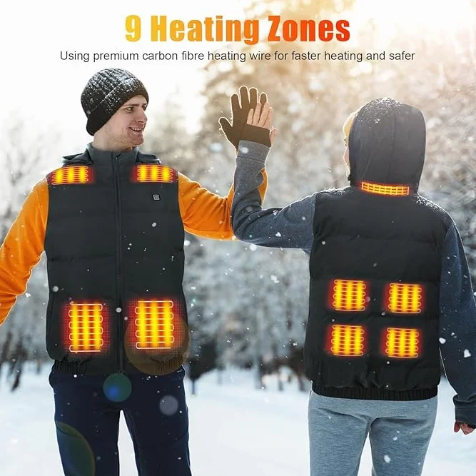 Rrtizan Gilet chauffant homme femme batterie externe 3 niveaux température 9 feuilles chaleur veste électrique sans manches lavable