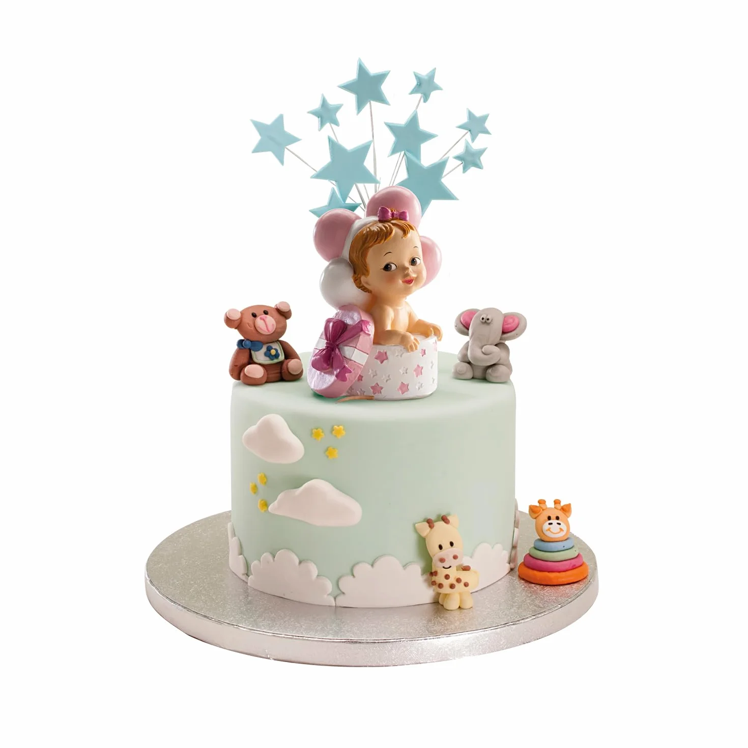 Figurine en résine Décoration Baptême Fille 10,5 cm Cake Topper Bébé avec Cadeau et Ballons