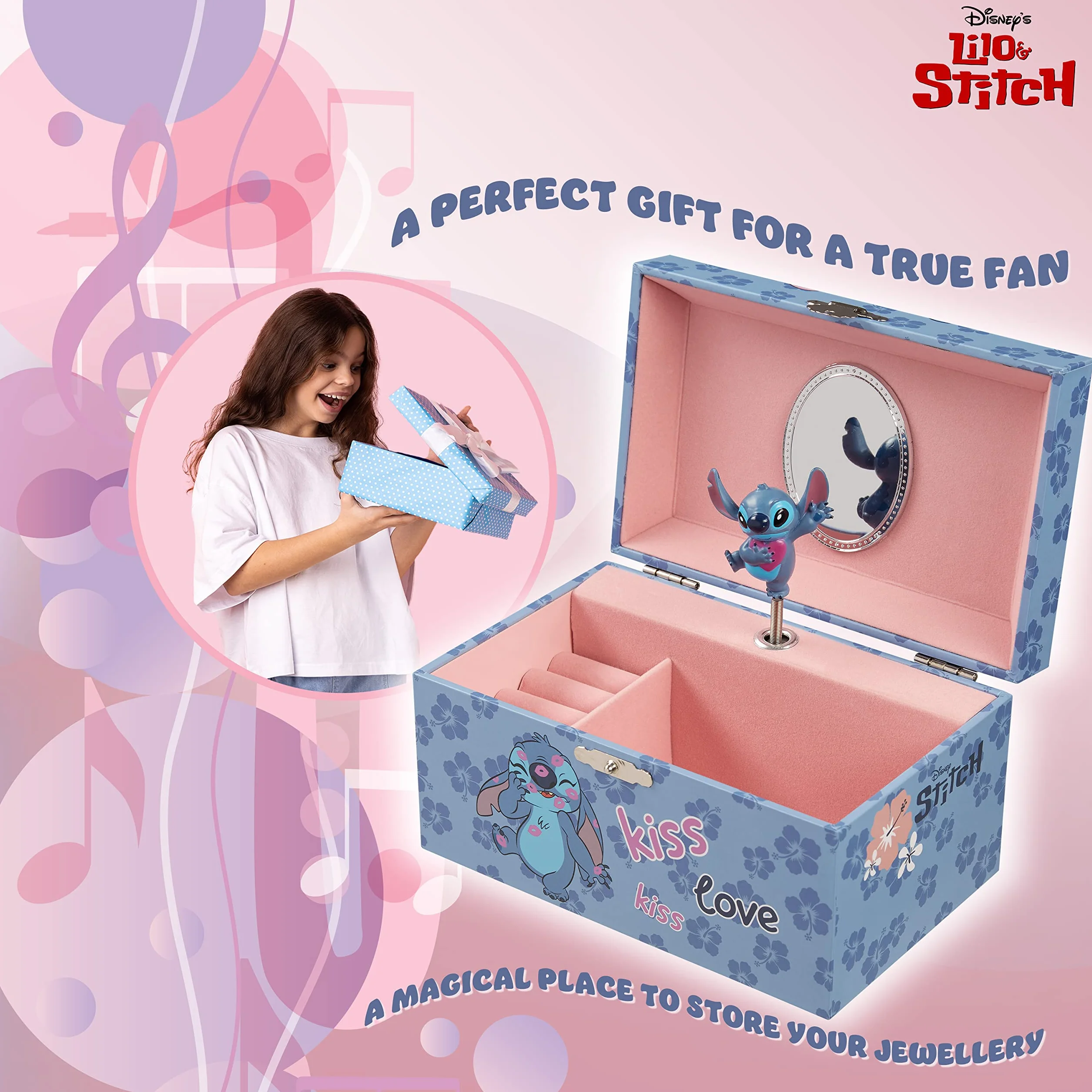 Disney Stitch Boîte à Bijoux Musicale pour Fille, Boite Souvenir à Remontoir Personnage Tournant, Rangement Bague, Déco Chambre, Cadeau Fille ou Ado (Bleu Stitch)