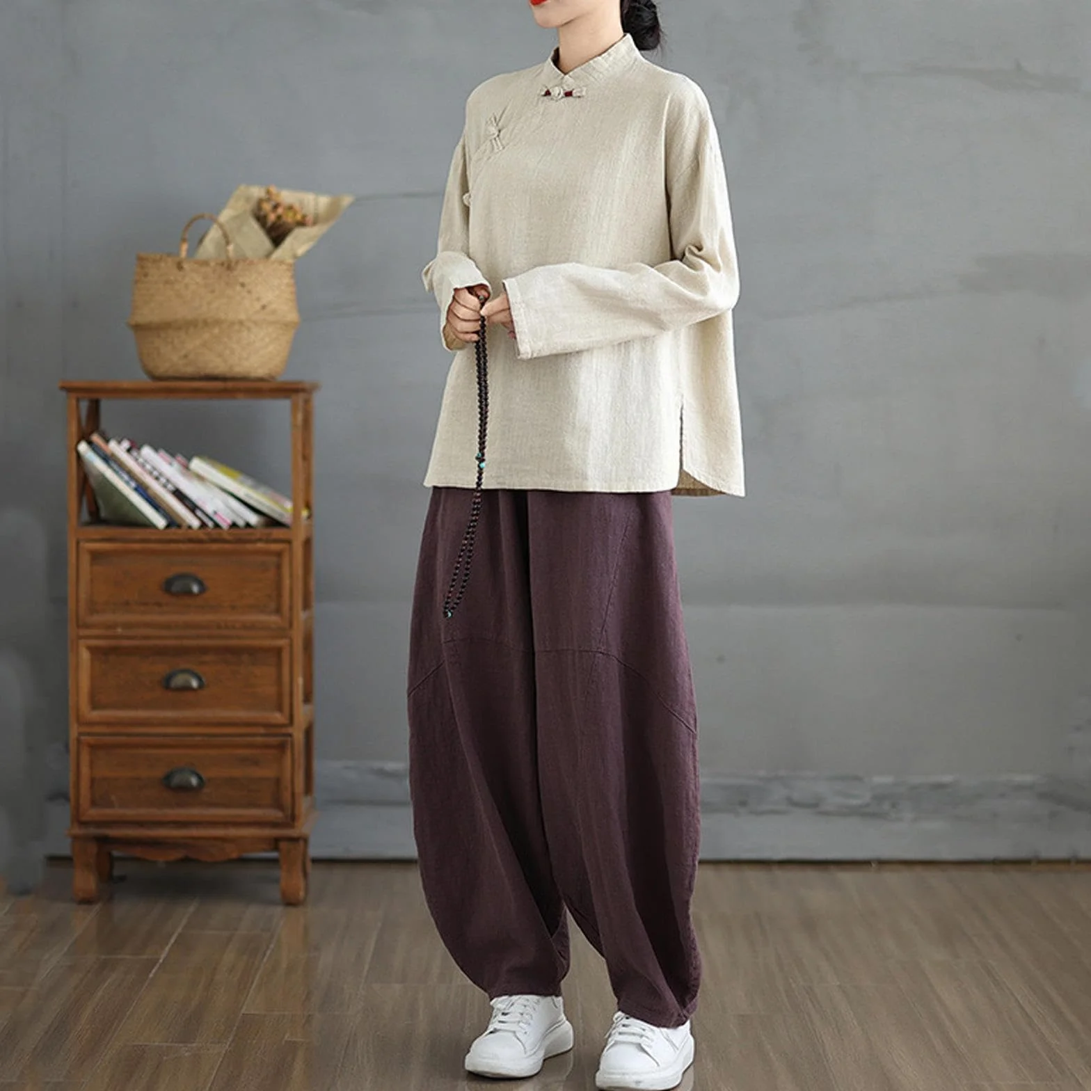 Tenue de Kung Fu Femme Coton Lin Uniforme Arts Martiaux Chinois Veste Manches Longues Pantalon Abricot
