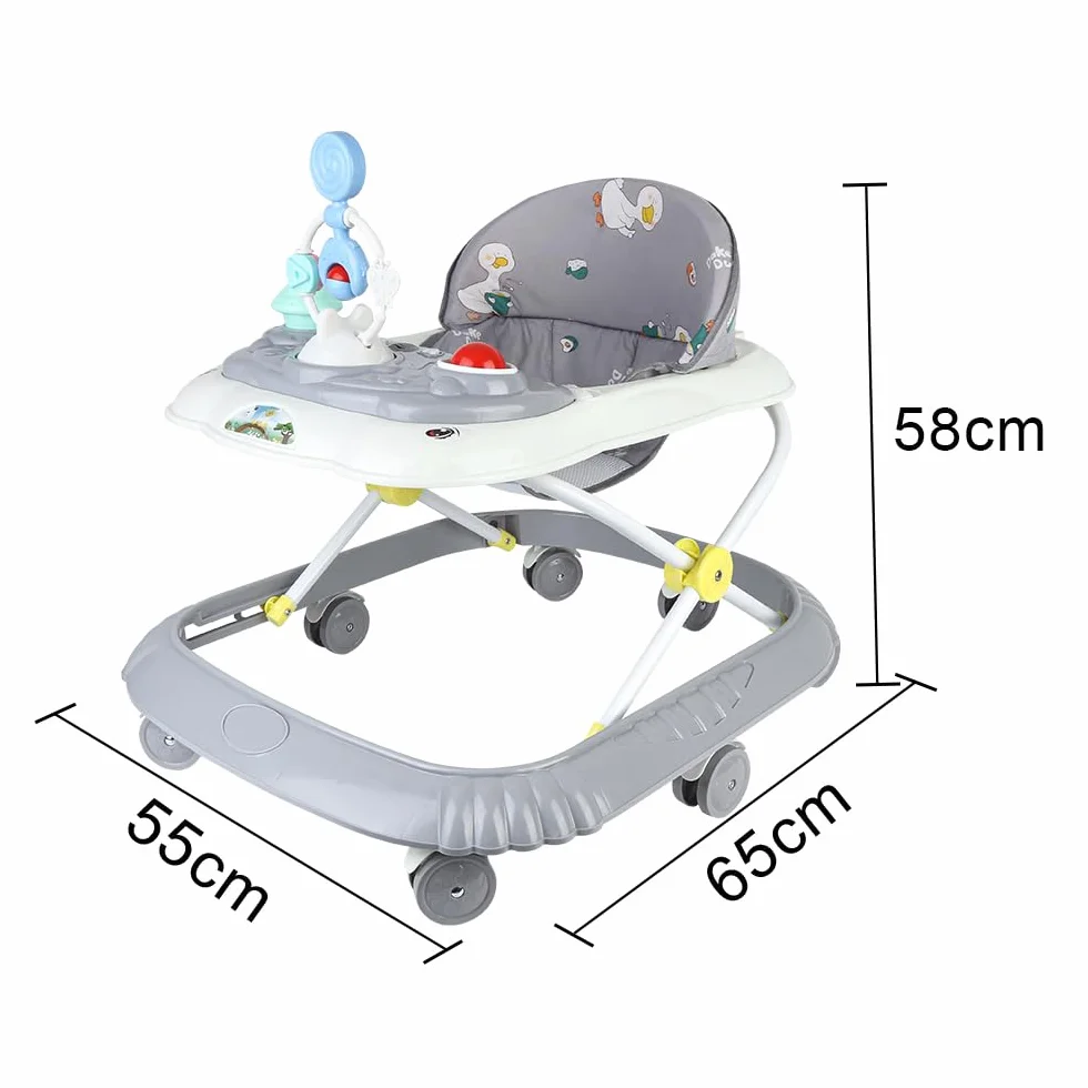 Trotteur Bébé Pliable avec Plateau Musical Réglable en Hauteur, 4 Niveaux, Coussin Amovible et Lavable, 58x55x65 cm Gris