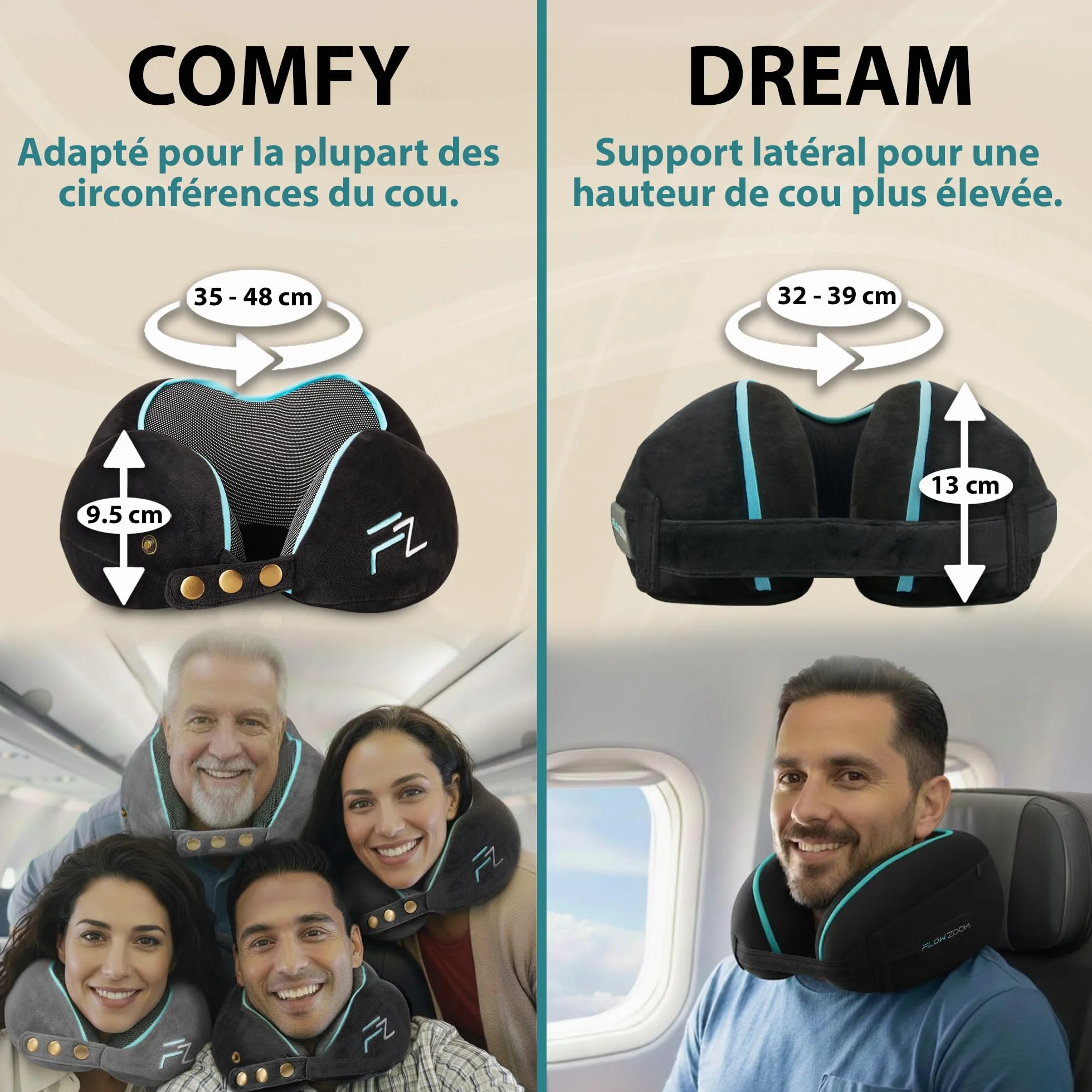 FLOWZOOM Oreiller de Voyage en Mousse à Mémoire de Forme pour Avion et Voiture, Coussin Réglable Soutien 360°, Housse Lavable, Noir