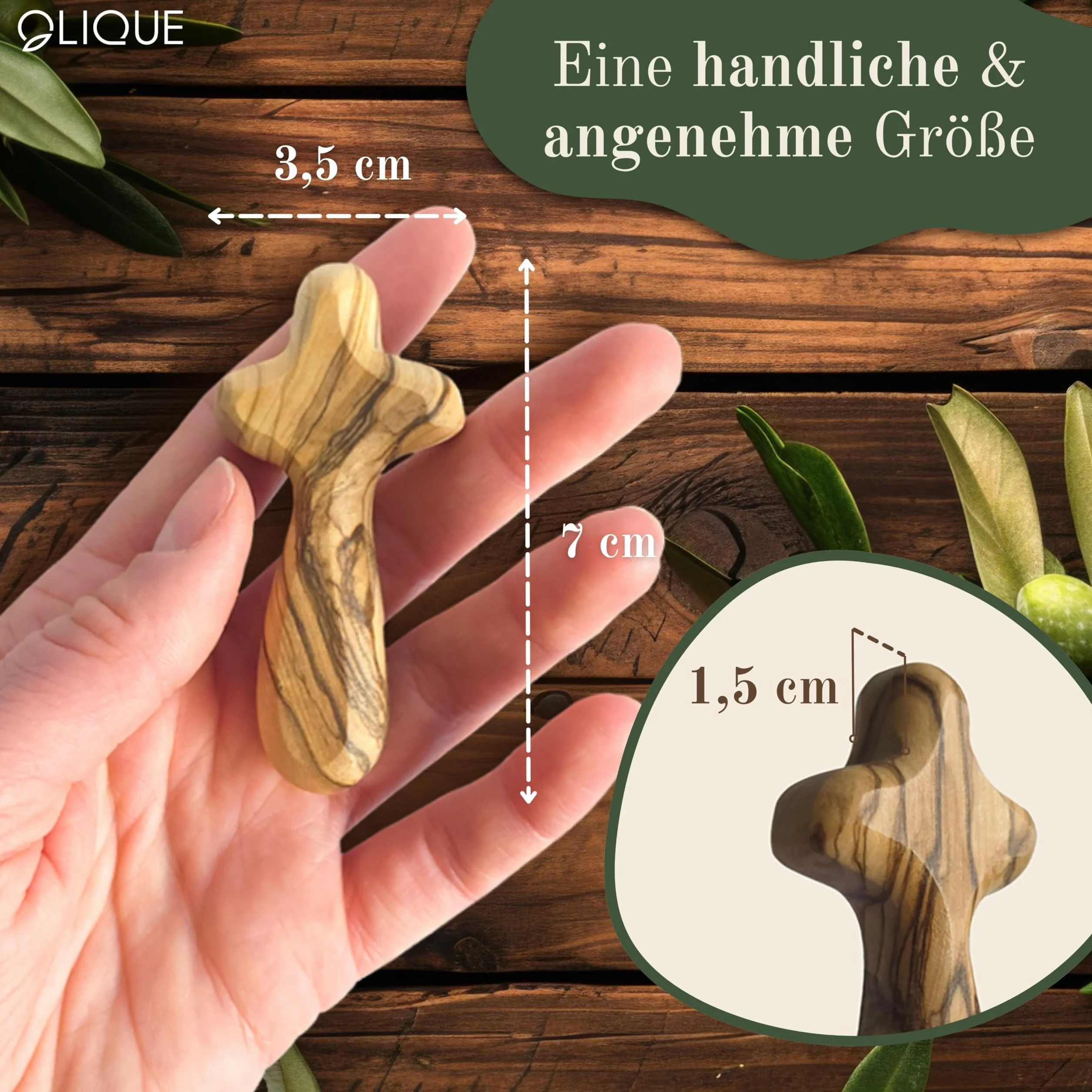 Croix en bois d'olivier faite à la main pour naissance, baptême, communion et confirmation