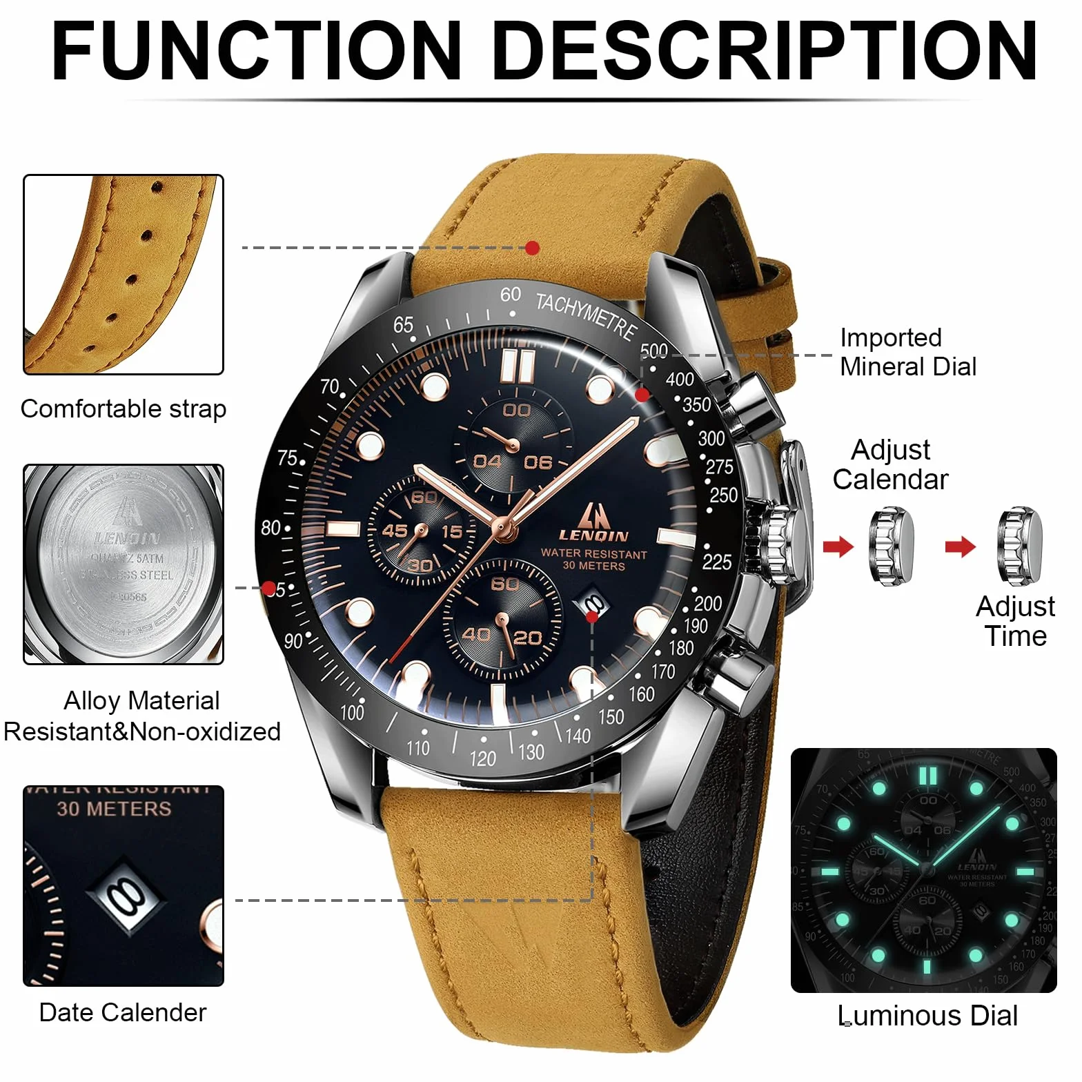 LN LENQIN Montre Homme Quartz Analogique 30m Étanche Cuir Montre d'Affaires