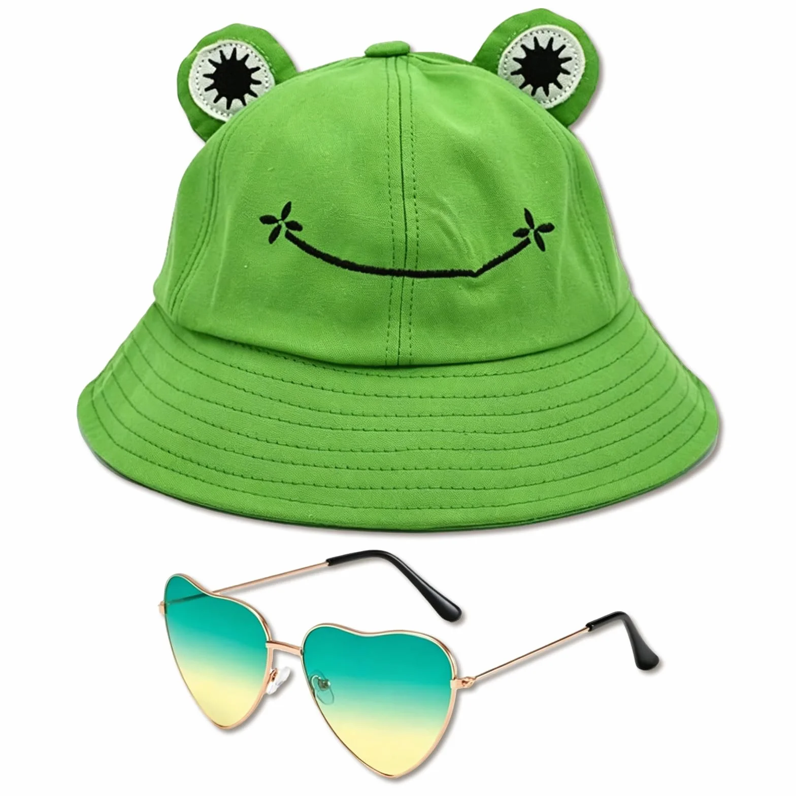 Grenouille Chapeau Bob Vert avec Lunettes Cœur Lot 2 Pièces Pliable Pêcheur Accessoire Soleil Plage Camping Randonnée Fête Été pour Femme Homme Adolescent