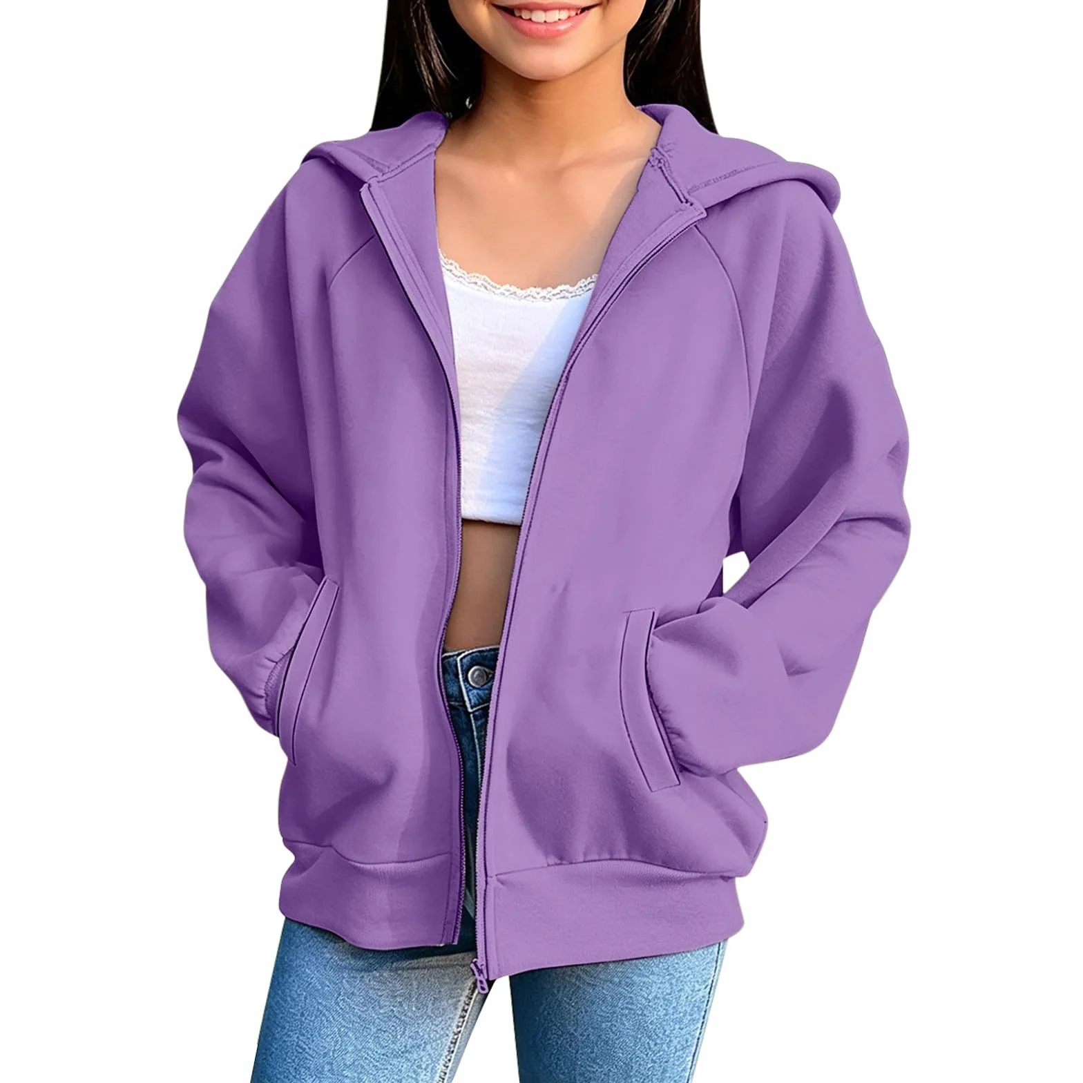 Sweat à capuche zippé pour filles - Veste ample à manches longues - Vêtement d'extérieur décontracté
