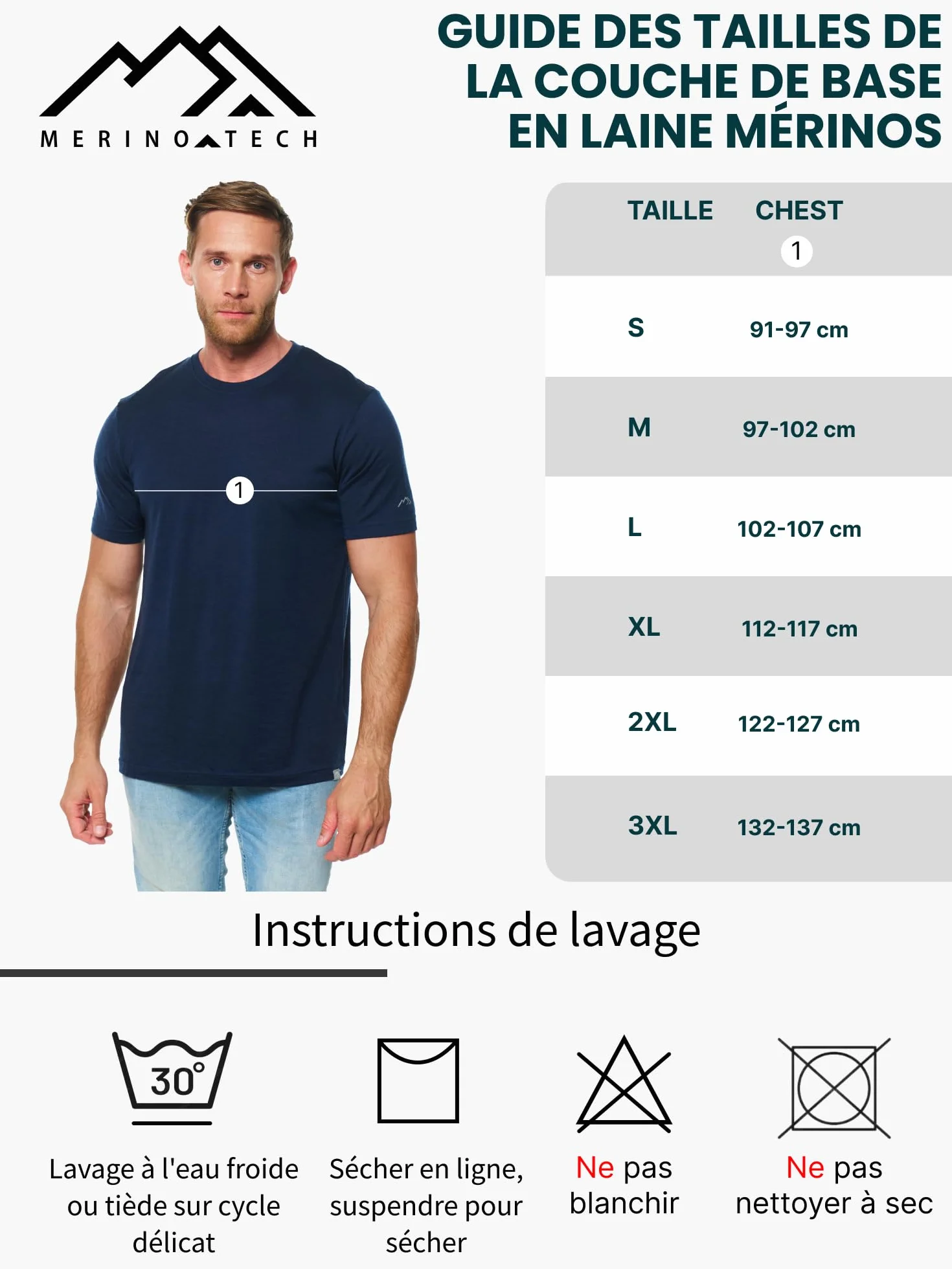 Merino.tech T-Shirt Mérinos Homme 100% Merino Wool Thermique avec Chaussettes