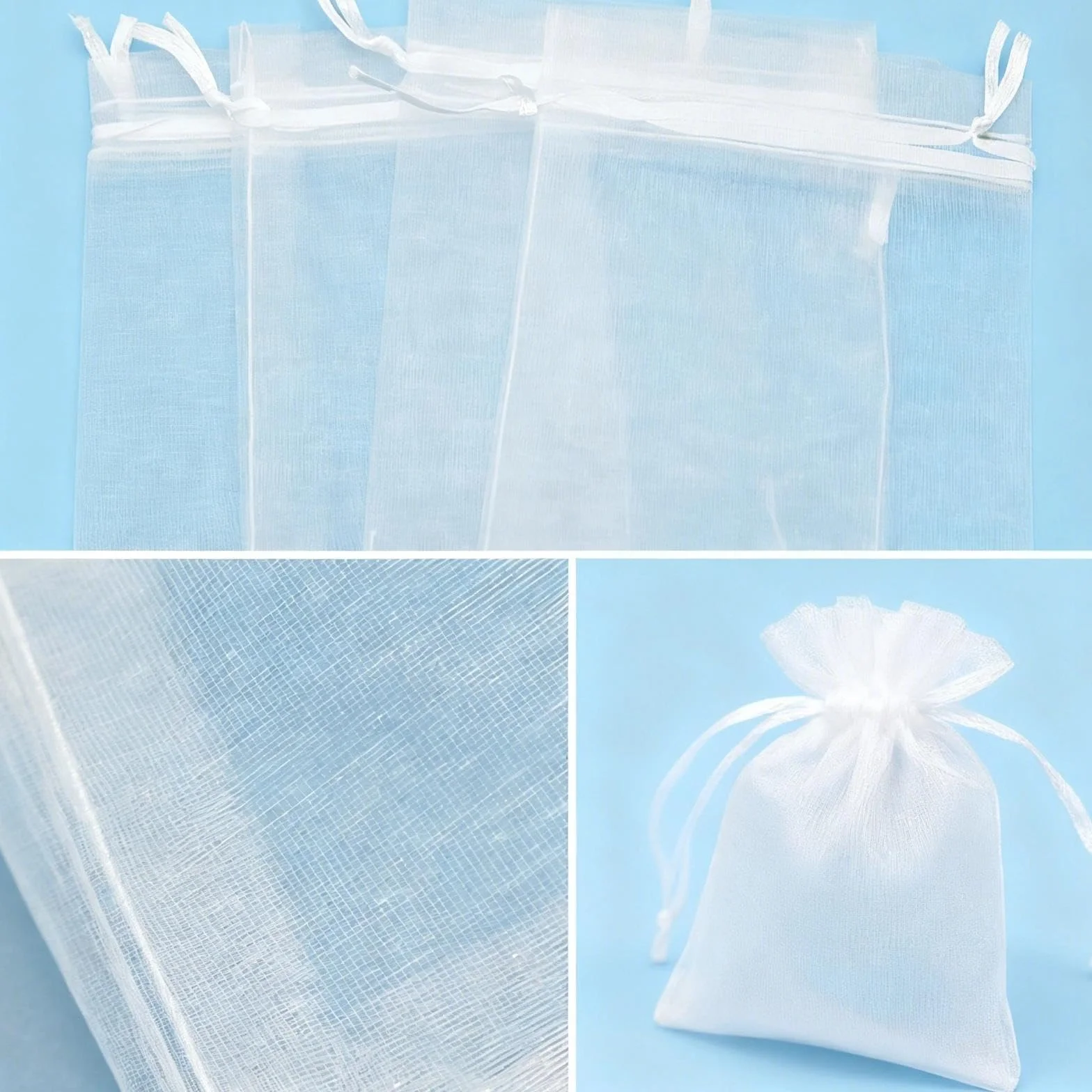 Sachet Organza 100 Pièces 7x9cm Sac Cadeau Mariage Blanc Cordon Satin