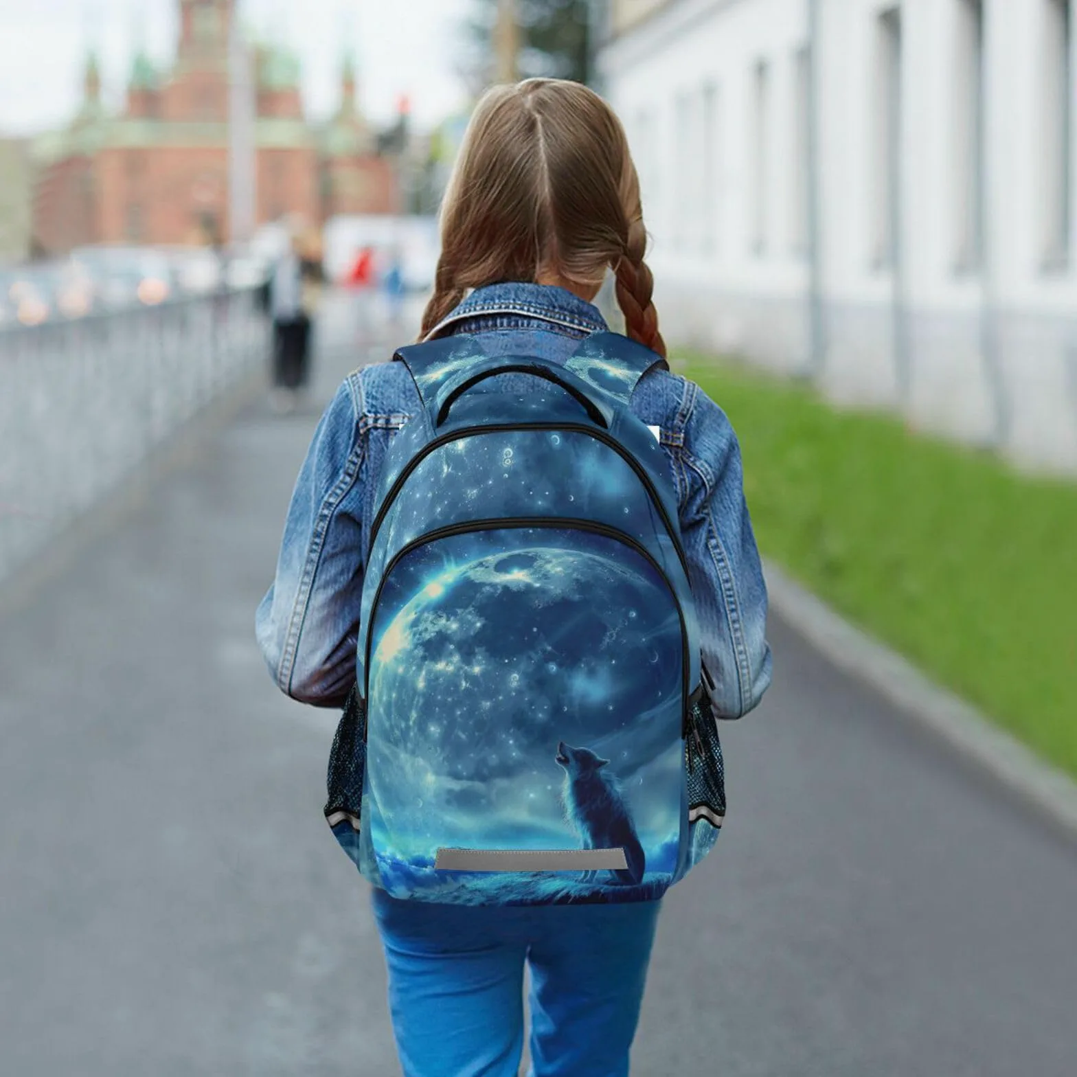Bleu Espace Étoile Animal Loup Sac à Dos Cartable Fille Garcon Enfant Réfléchissante, Sac école Ordinateur Portable de Voyage pour Femme Homme