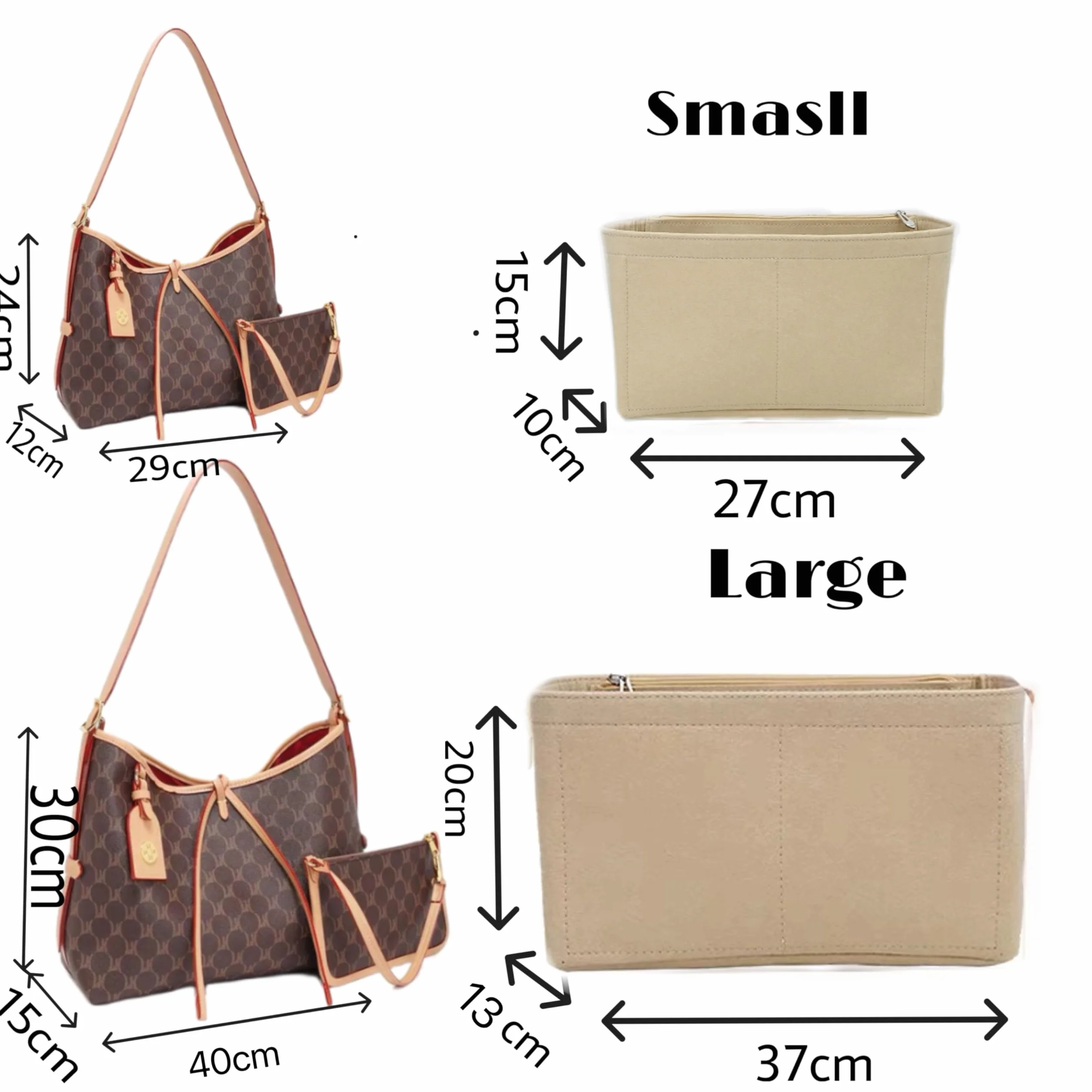 Organiseur de sac à main en feutre avec fermeture éclair, insert de rangement pour femme, beige, taille S