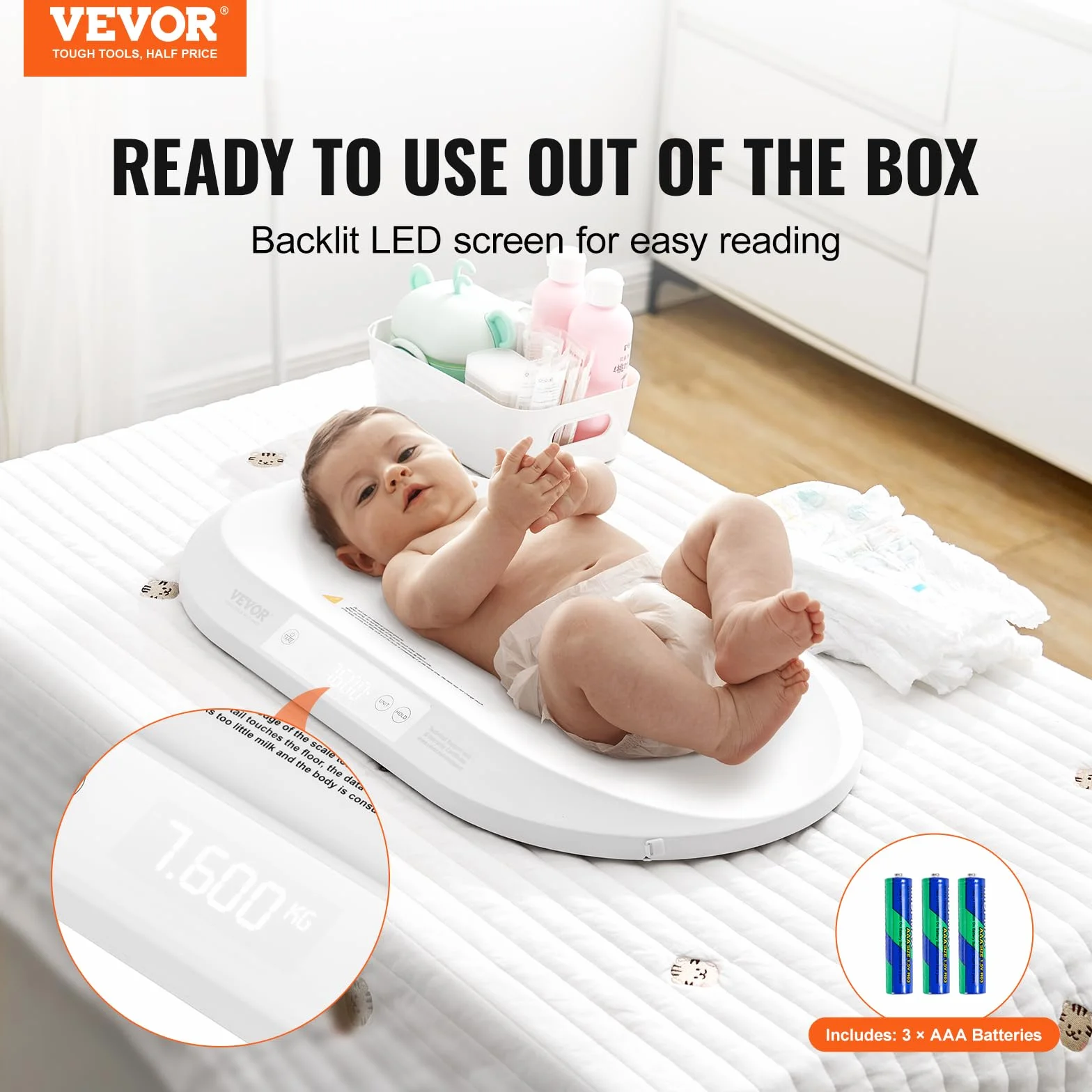 VEVOR Pèse-bébé Numérique Bluetooth, Ruban à Mesure Intégré, Fonction Maintien et Tare, 40 kg, 5 Unités