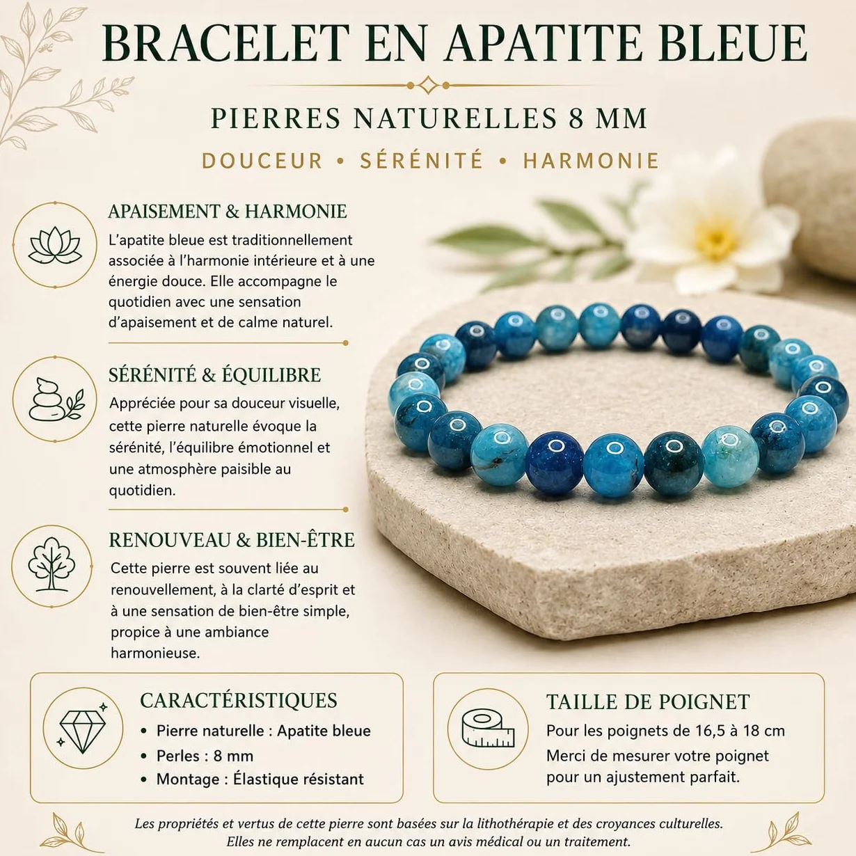 Bracelet en Apatite bleue Pierres Naturelles Perles 8mm Pierres Fines et Précieuses Unisexe Bijoux Minéraux