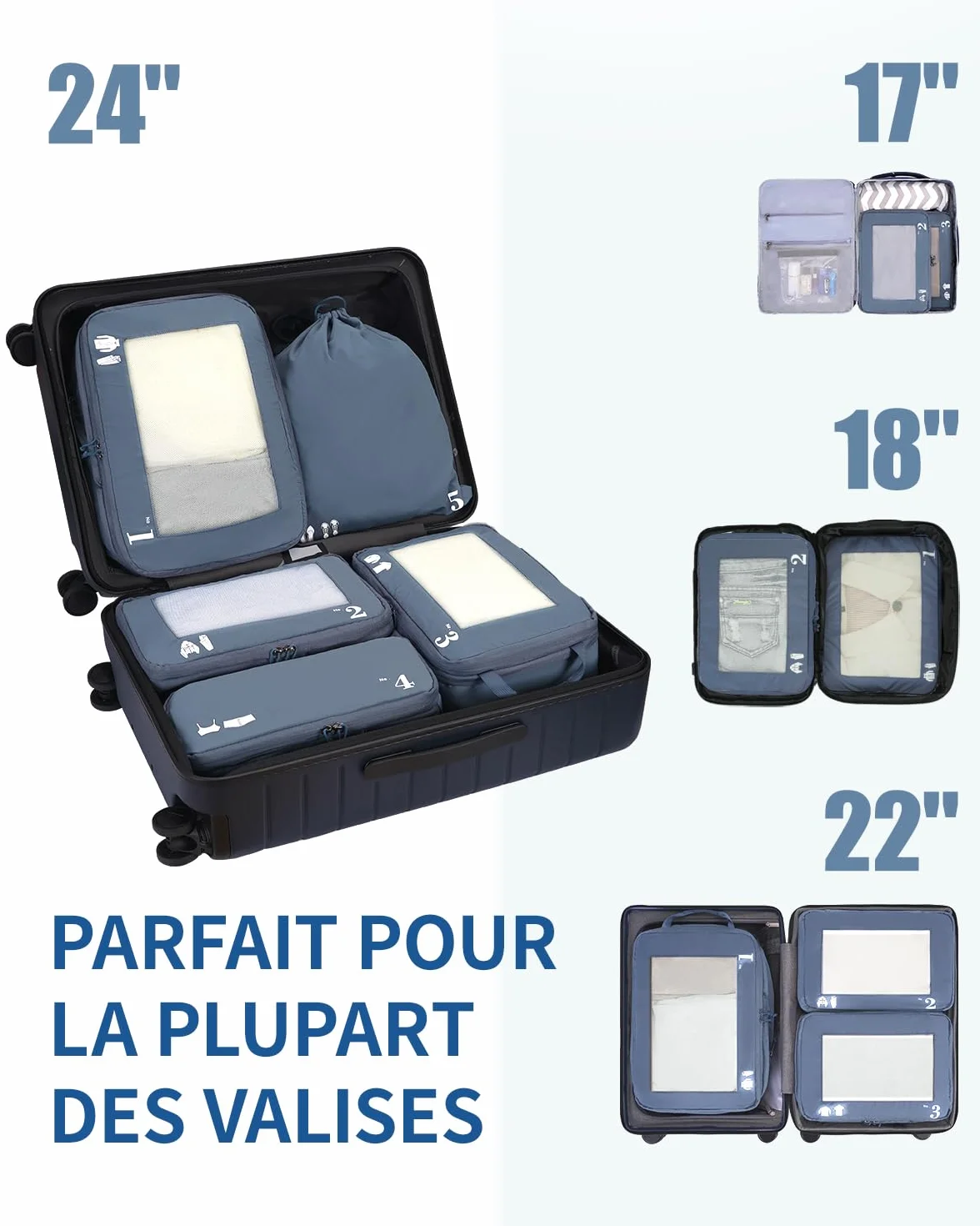 ECOHUB Organisateur Valise Cabine Rangement Packing Cubes Kit Voyage Bleu pur