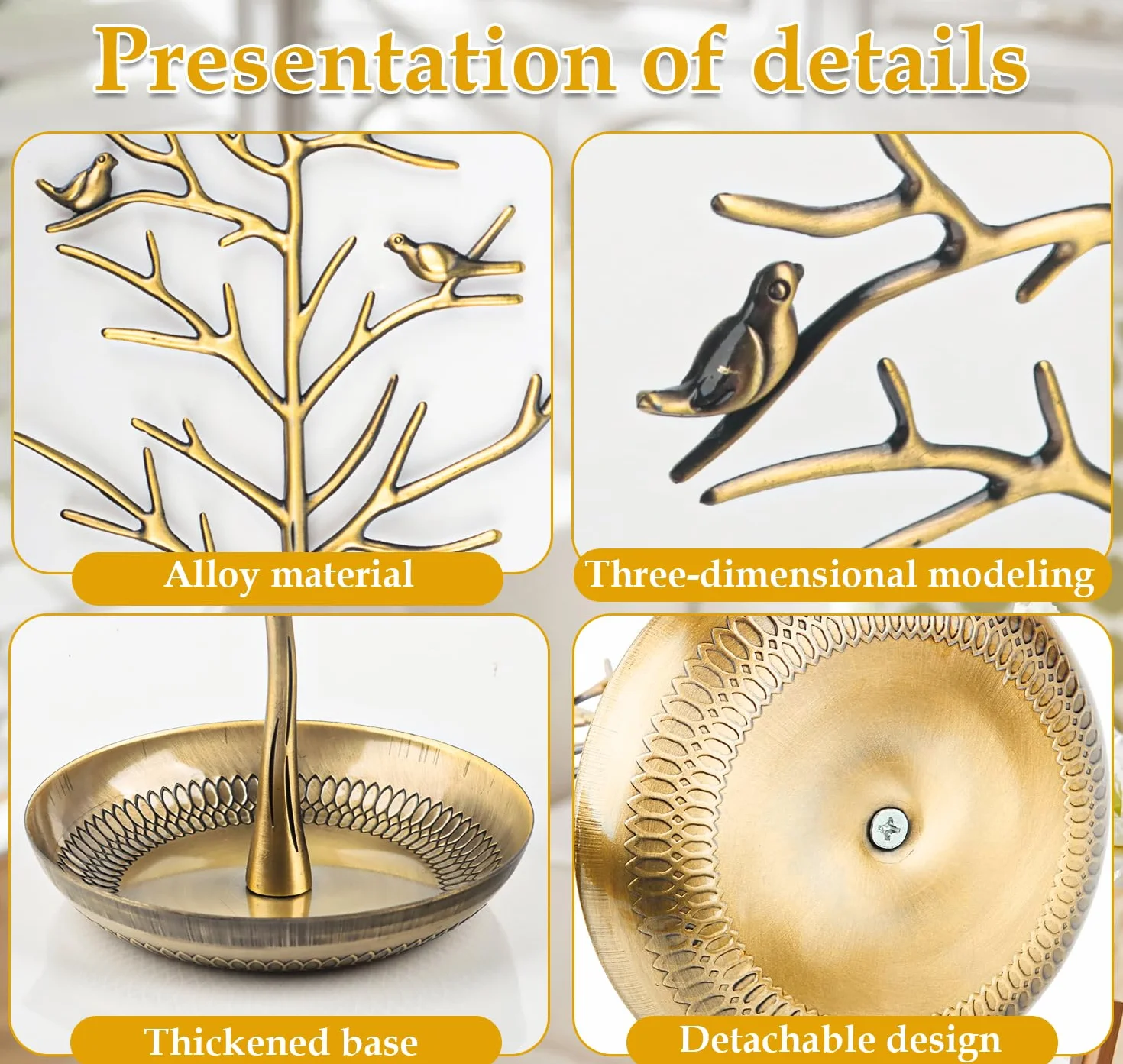 Arbre à Bijoux en Metal avec Socle Bambou, Porte-Bijoux Présentoir
