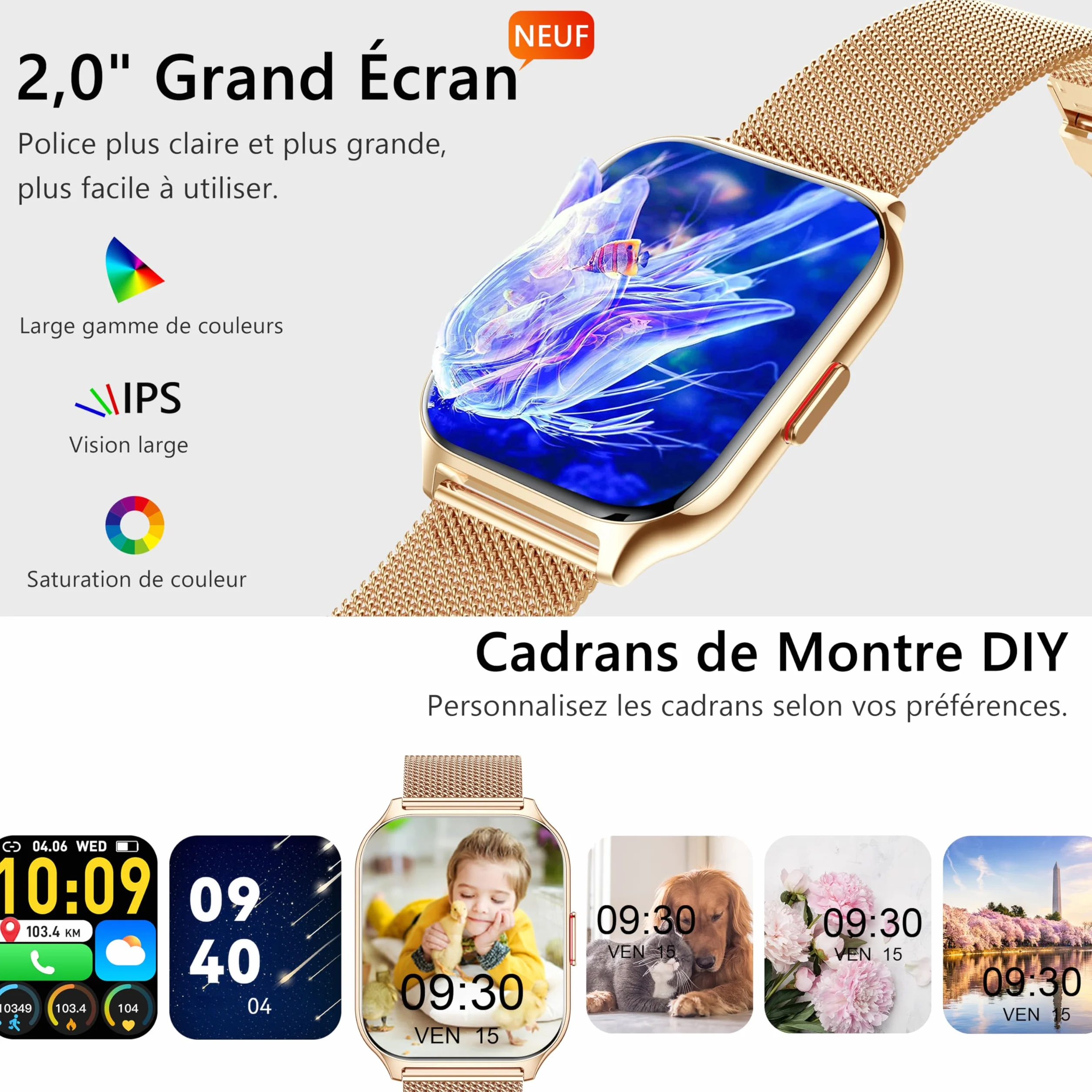 Montre Connectée Femme Homme avec Appel Bluetooth 2,0" HD Smartwatch 100+ Sportifs Moniteur de Sommeil Cardiofréquencemètre Tension Artérielle SpO2 Montre Podometre pour iOS Android