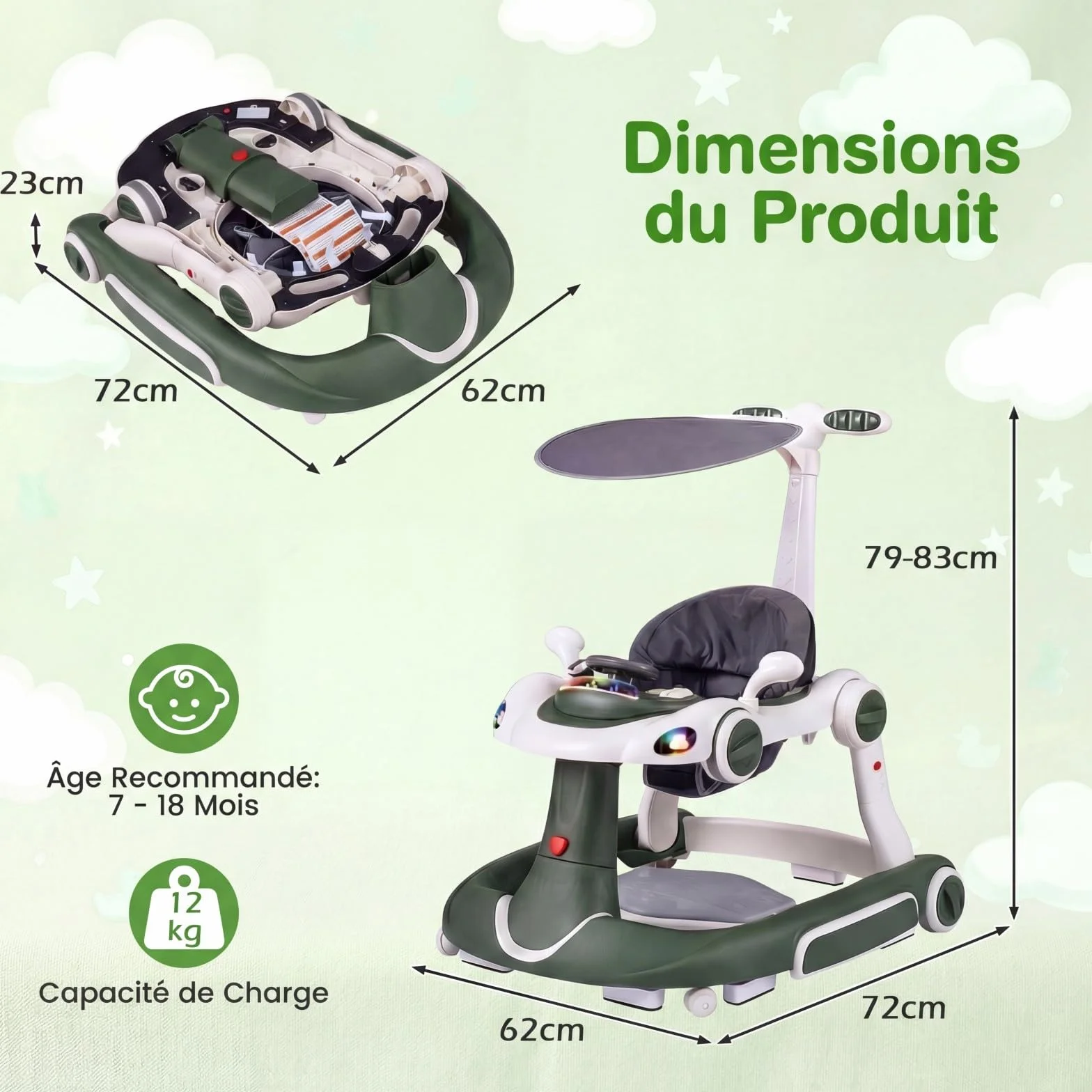 COSTWAY Trotteur Bébé Pliable 7 en 1 avec Mode Bascule et Sautillant, Hauteur Réglable, Musique et Lumière, Charge 12kg, 7-18 Mois (Vert)