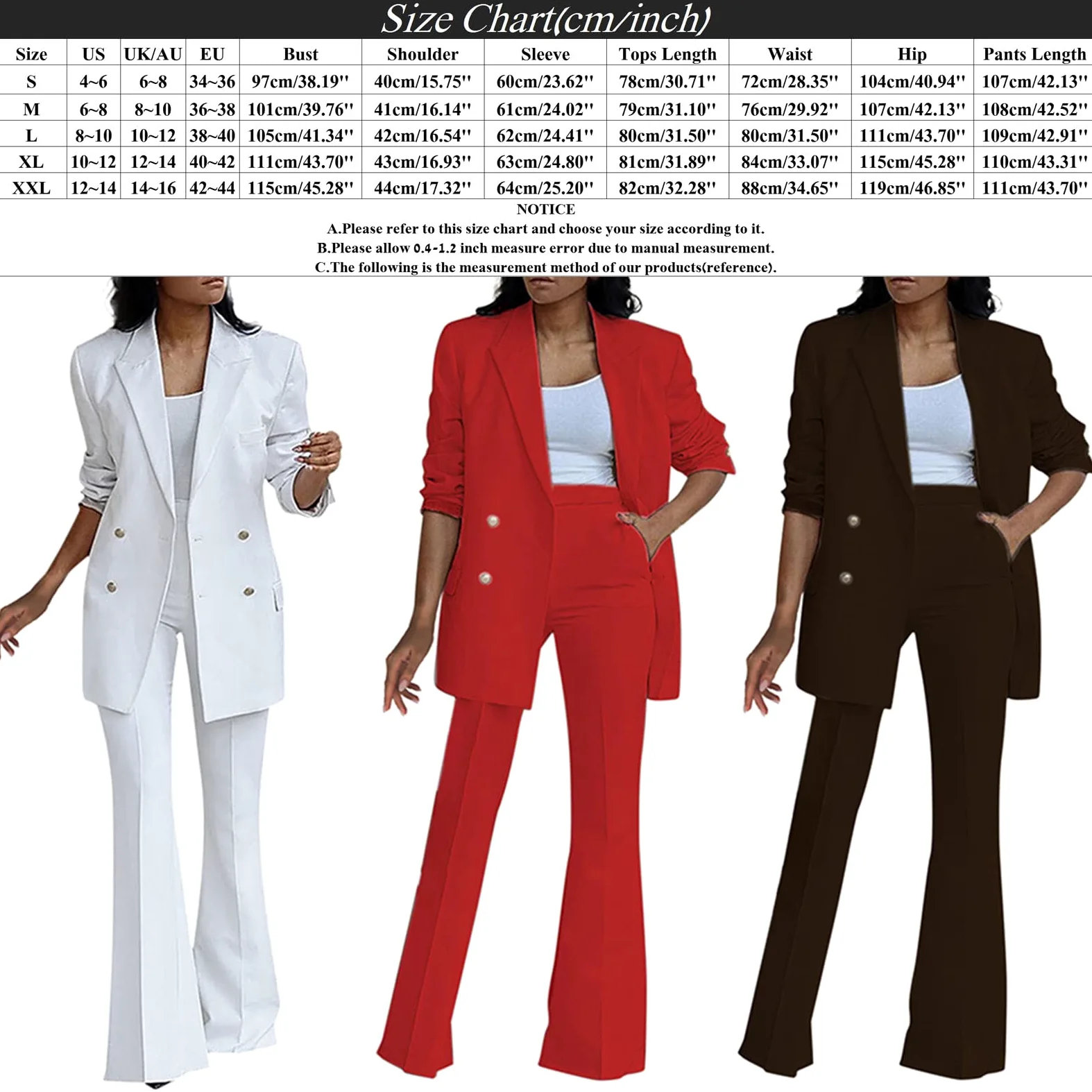 Tailleur Femme 2 PièCes Slim Couleur Unie Mode - Blazer Chic Élégante À Manches Longues Col Revers Veste Manteau Ensemble Travail Pantalon Costumes Ensemble Pantalon au Bureau