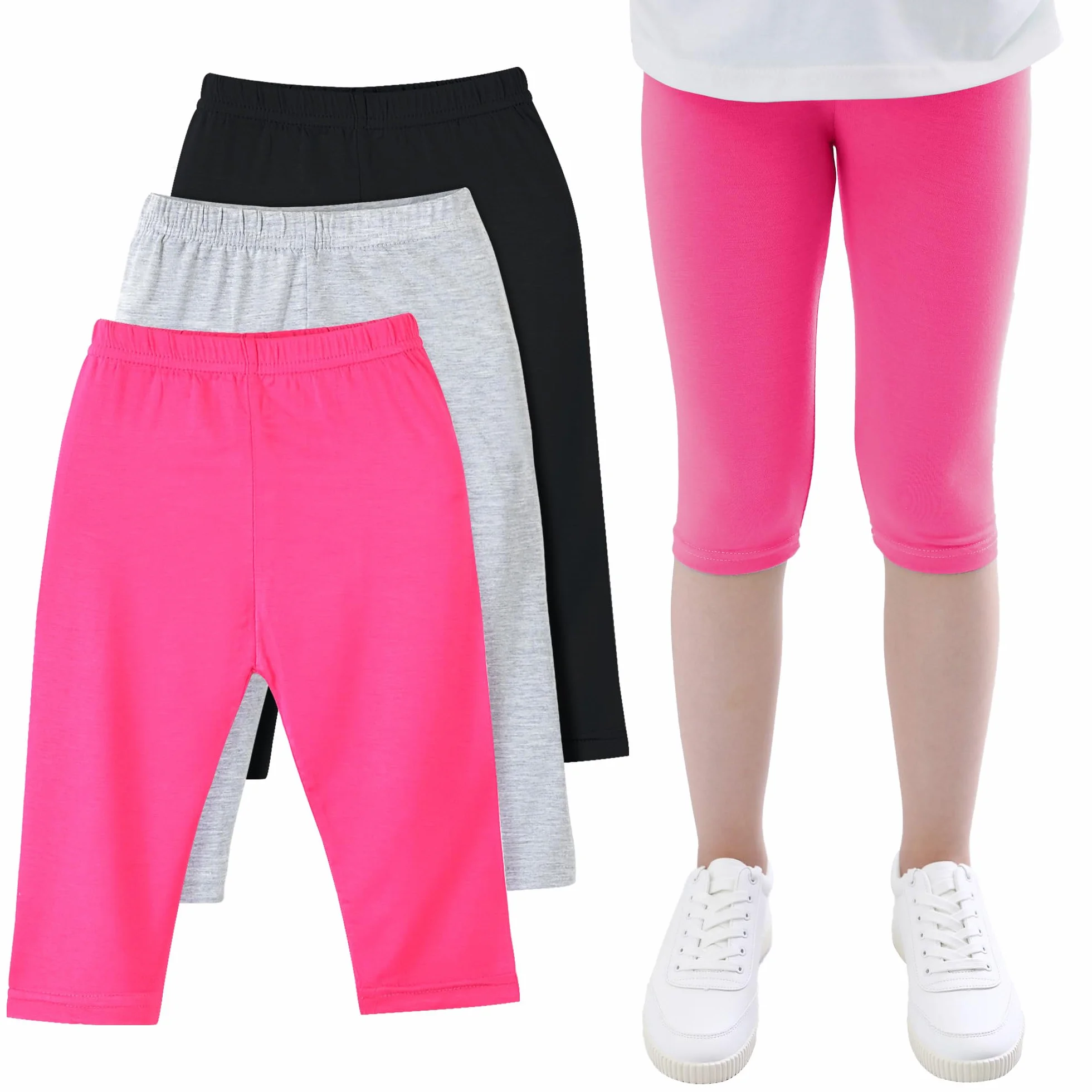 JinBei Fille Leggings Capri 3/4 Court Été Extensible Respirants Doux Modal Danse Pantalon Court Lot de 3 Confortables Gymnastique Cycliste Sport Shorts Legging Sweatpants 4-11 Ans