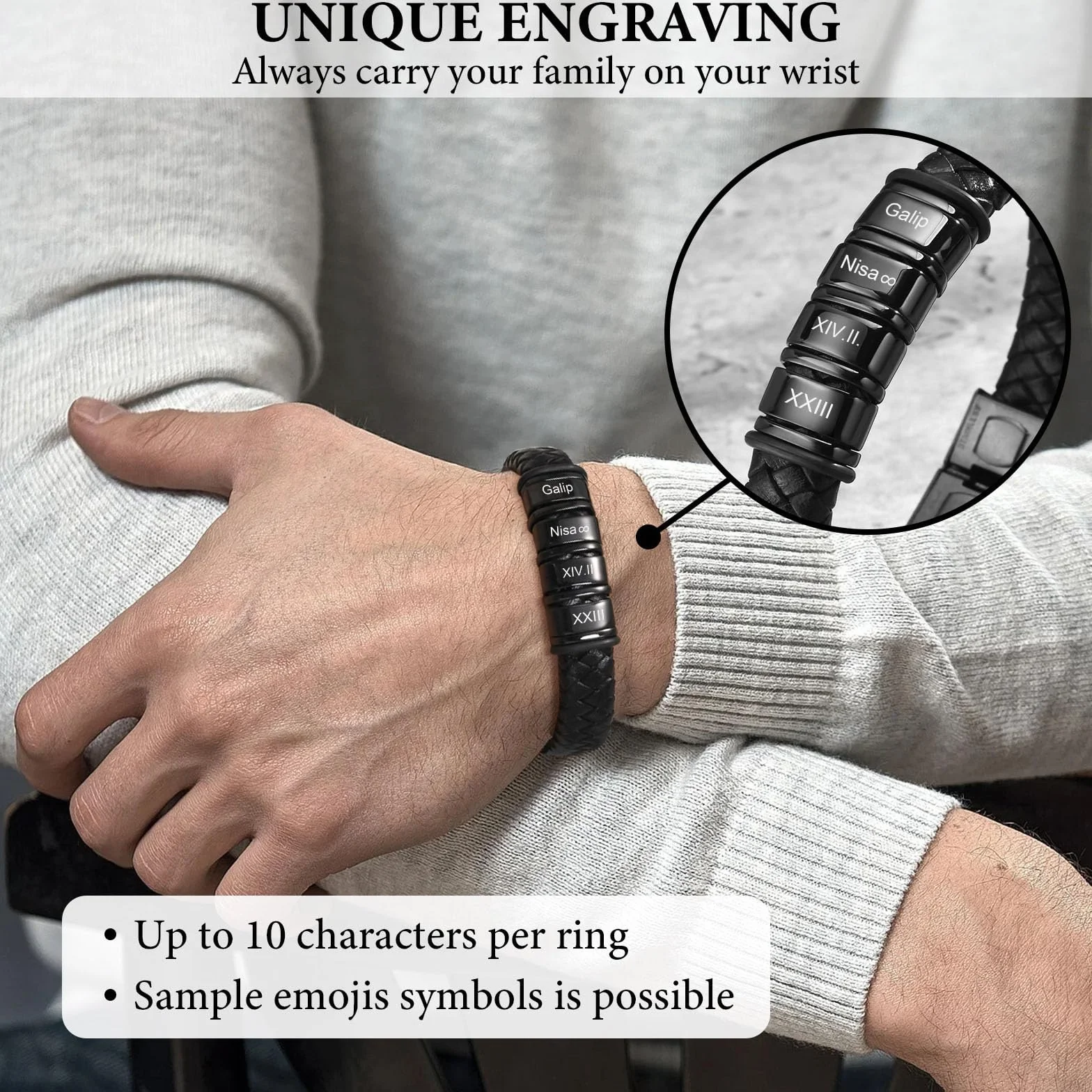 Bracelet Cuir Noir Tressé Homme Cadeau Papa Personnalisé Gravure Prénom