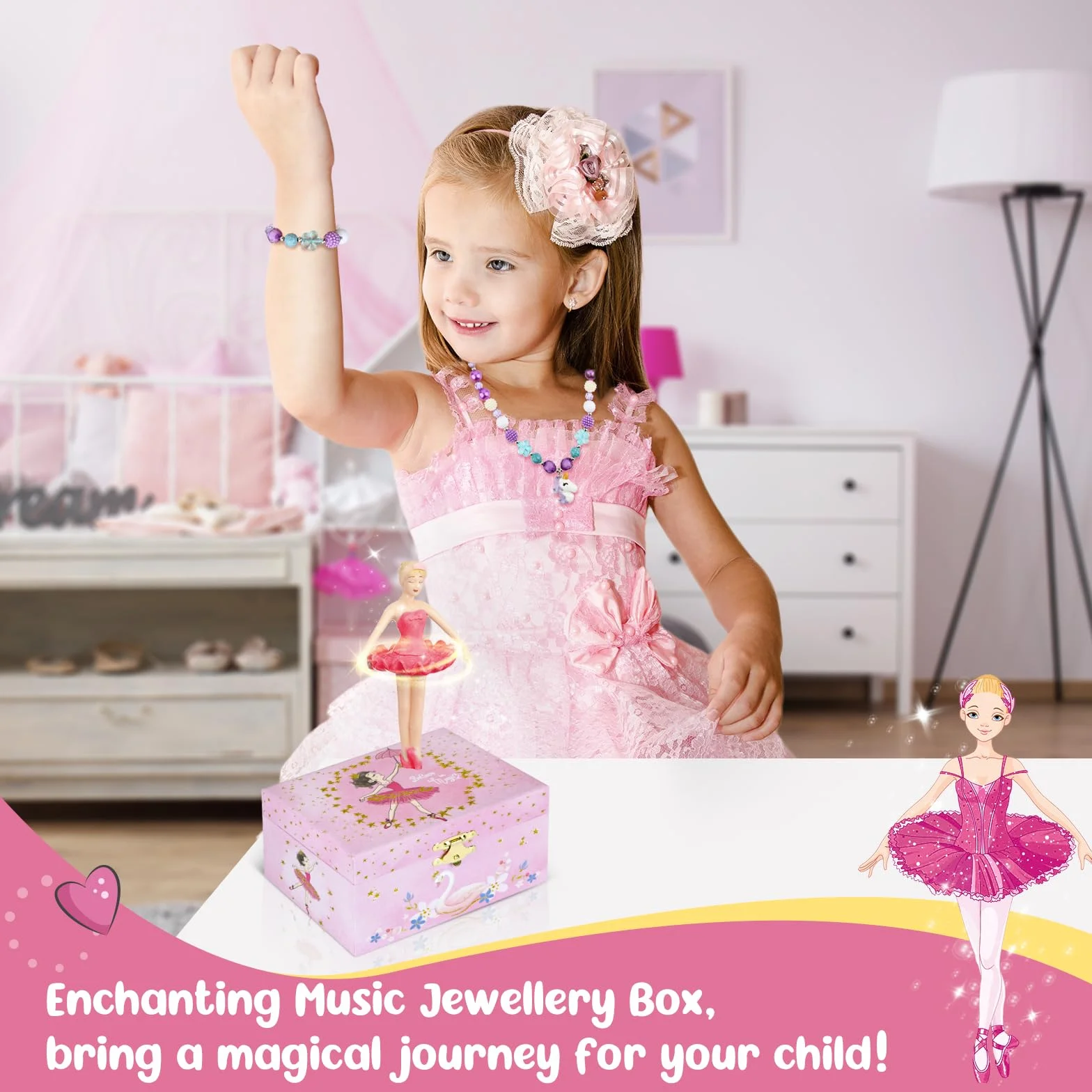 Boîte à bijoux de musique avec ballerine tournante pour filles