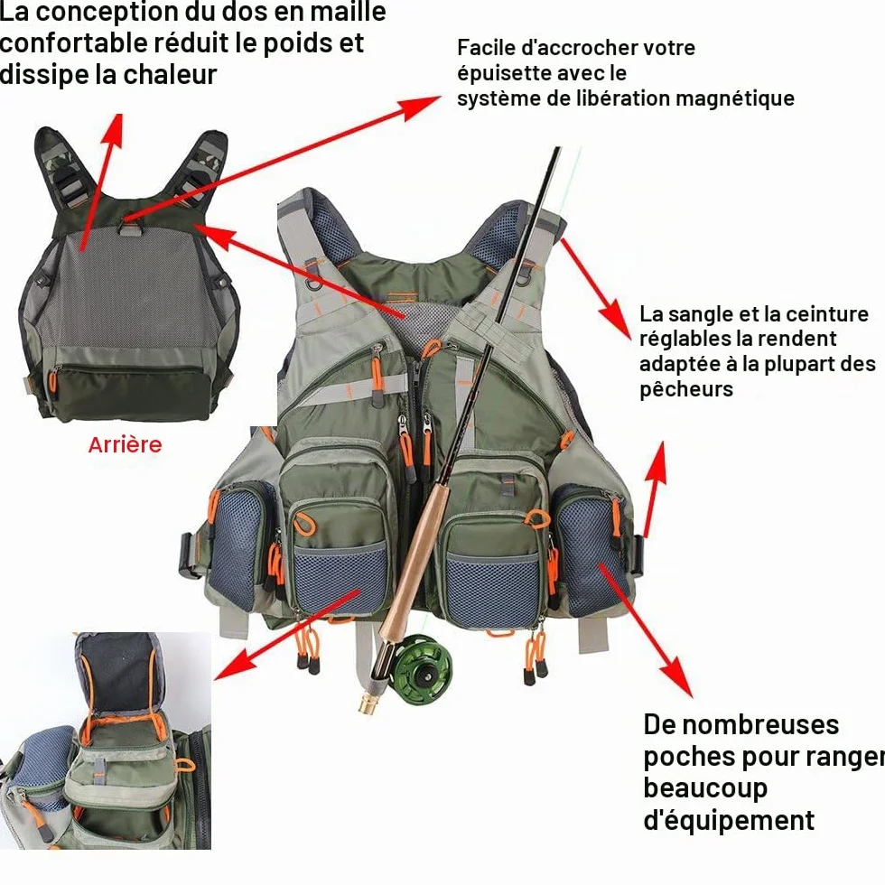 Kylebooker Gilet de pêche à la Mouche Taille réglable Hommes Femmes