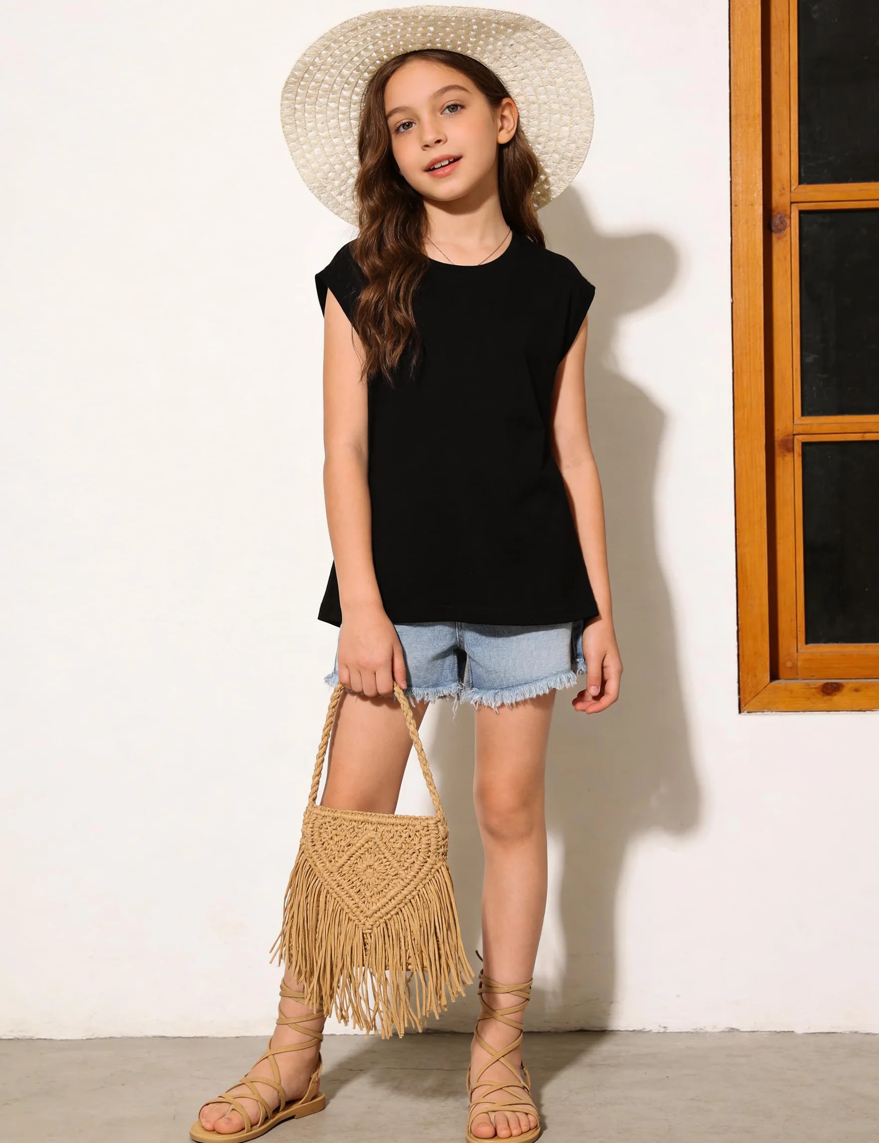 T-Shirt Fille Manches Courtes pour Enfants Col Rond Été 6-14 Ans
