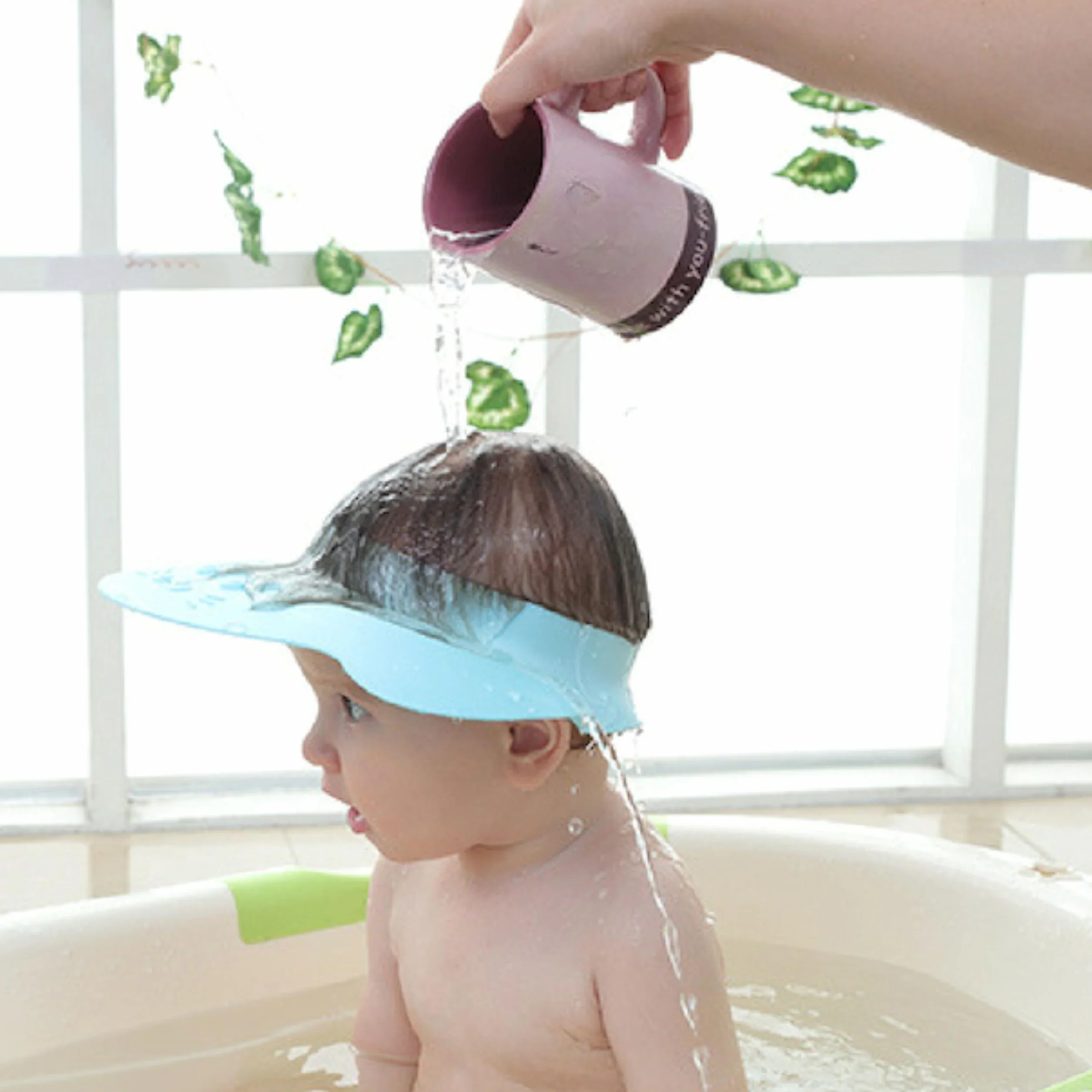 Casquette de bain bébé silicone rose protection yeux oreilles enfants 0-9 ans