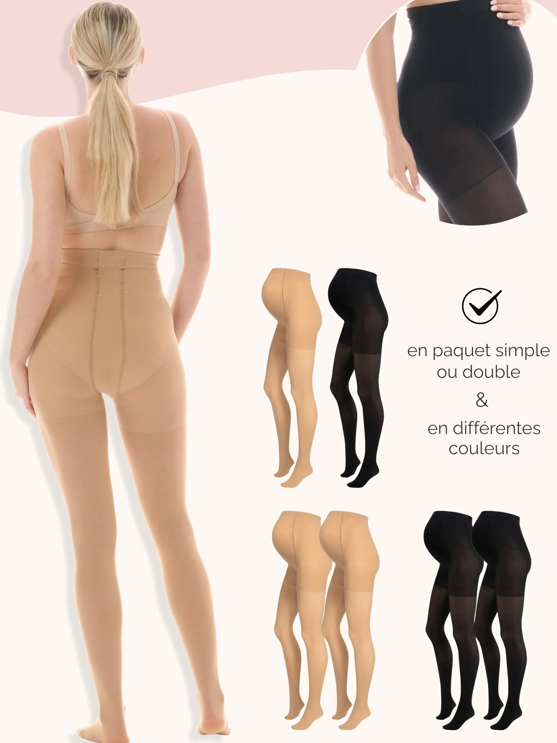 Herzmutter Collant de Maternité 50DEN - Collants de Grossesse semi-opaques - Mat-Beige-Noir - Certifié Oeko-Tex 100 - Lot de 1 & 2-1800