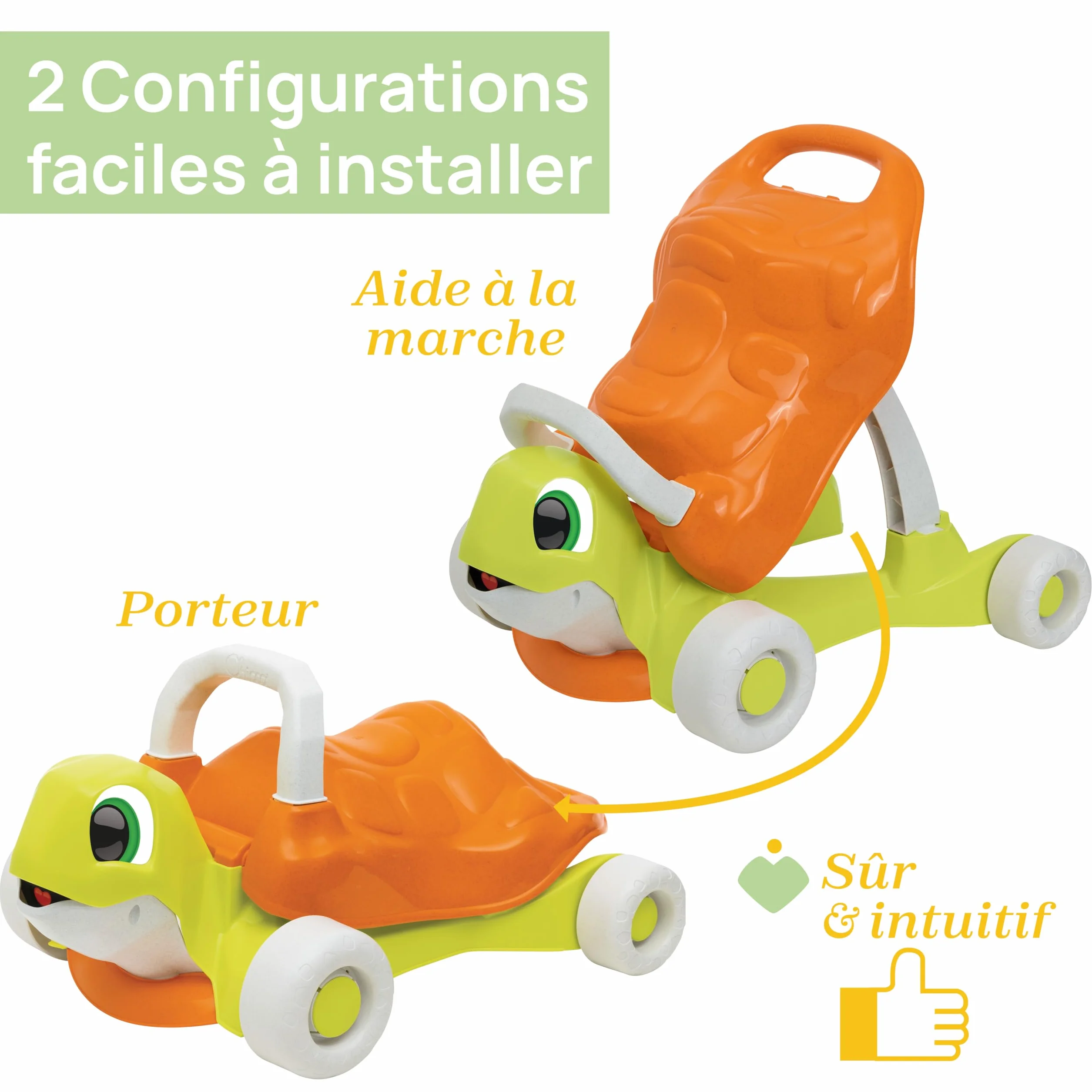 Chicco Tortue Aide à la Marche 2en1 Eco + Trotteur Porteur Plastique Recyclé Fabriqué Italie 9-36 Mois