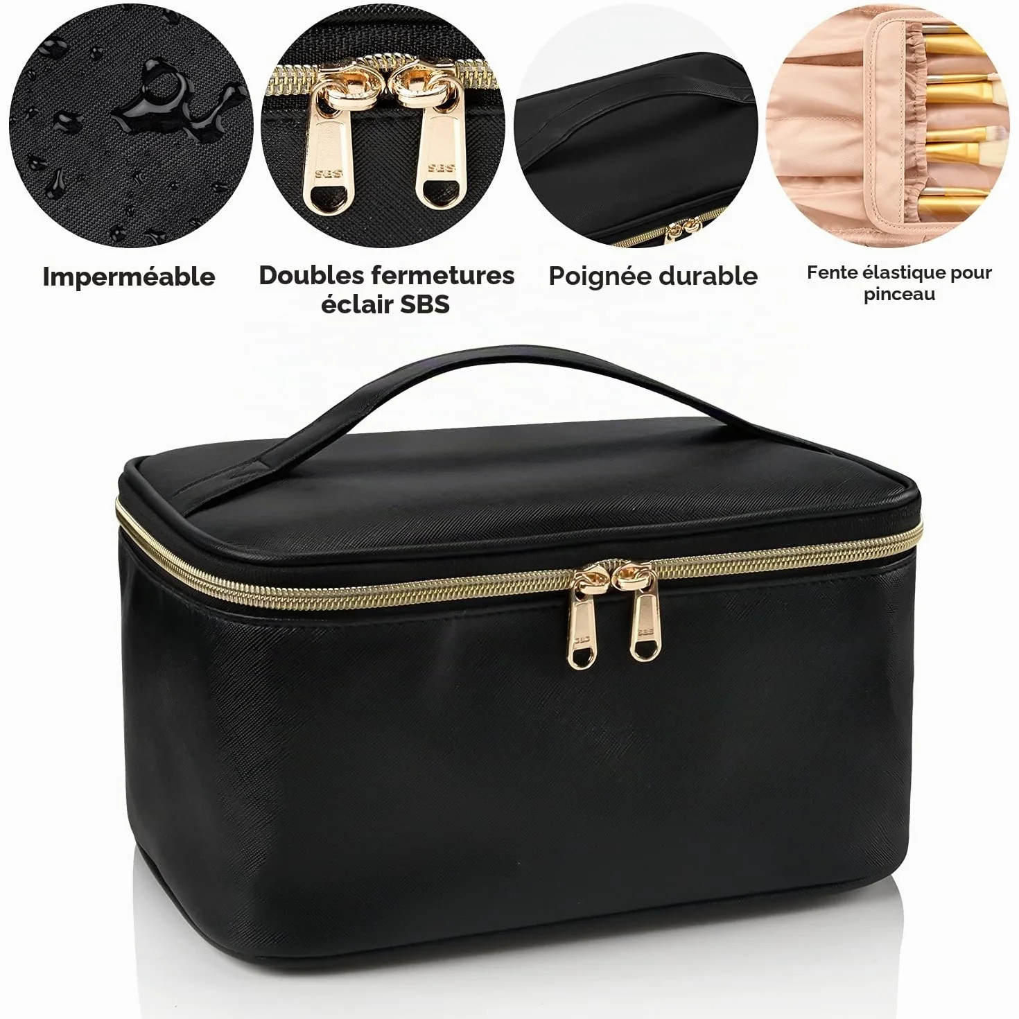 Trousse de maquillage pour femme grande voyage avec poignée et séparateur