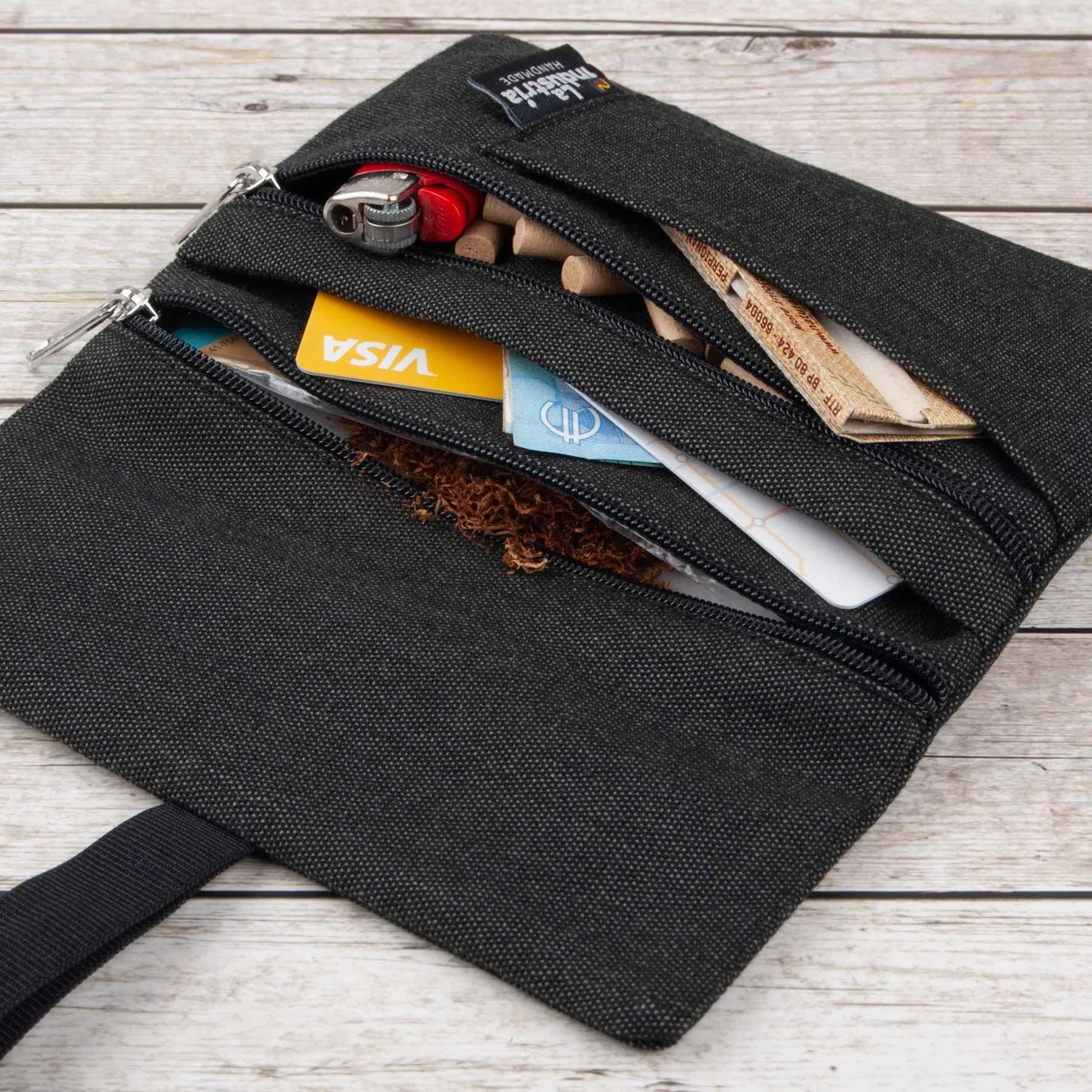 Pochette à tabac hydrofuge 30/50 g avec compartiments Noir