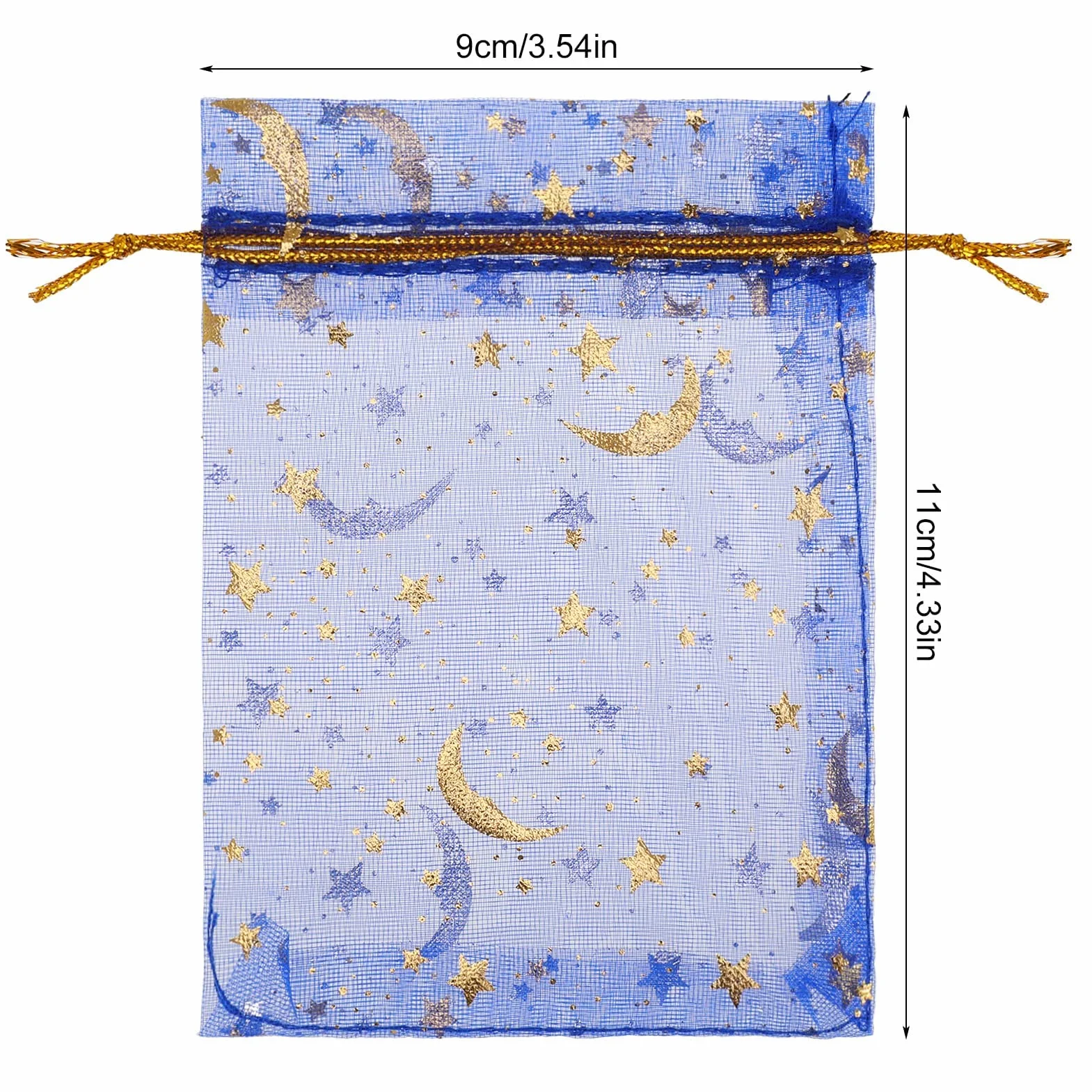 Sacs En Organza 100 pièces 9x12cm Mélanger Couleur avec Motif étoile et lune Ruban Or pour Cadeaux Bijoux Mariage