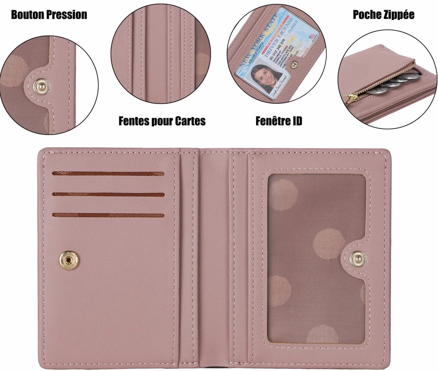 Portefeuille Femme Cuir Petit Porte Monnaie Slim avec Fermeture éclair Rose foncé