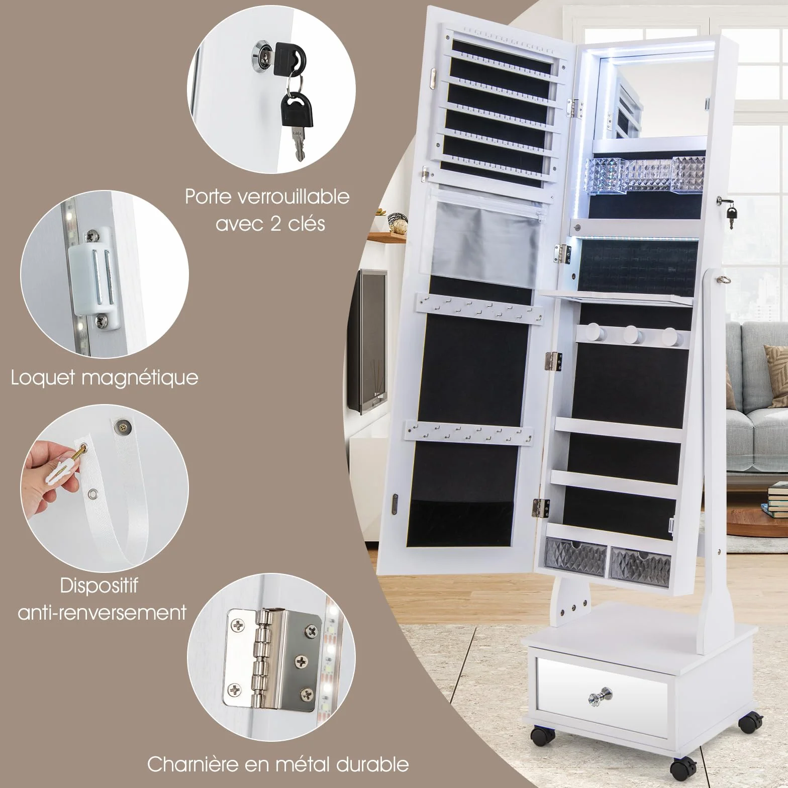COSTWAY Armoire à Bijoux sur Roulettes Verrouillable avec Miroir Psyché et Lumières LED 3 Couleurs (Blanc)